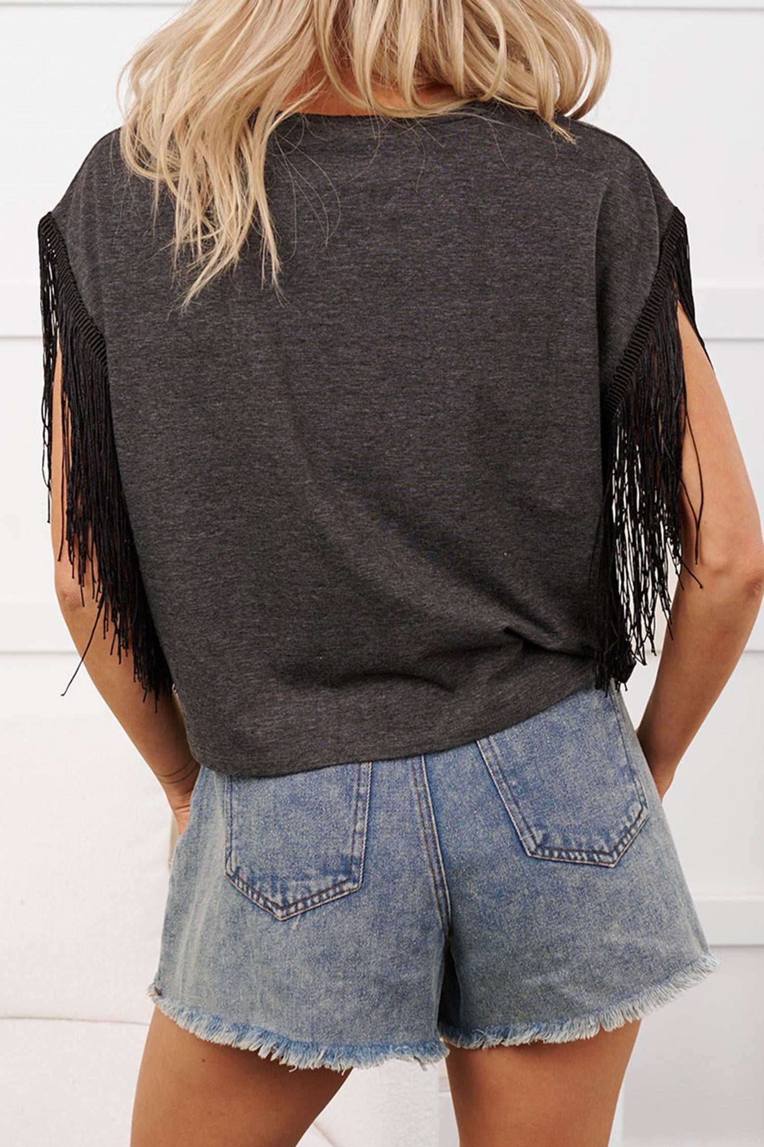 Fringe Sleeve Western Graphic Tee carbon grey yee haw boots western top