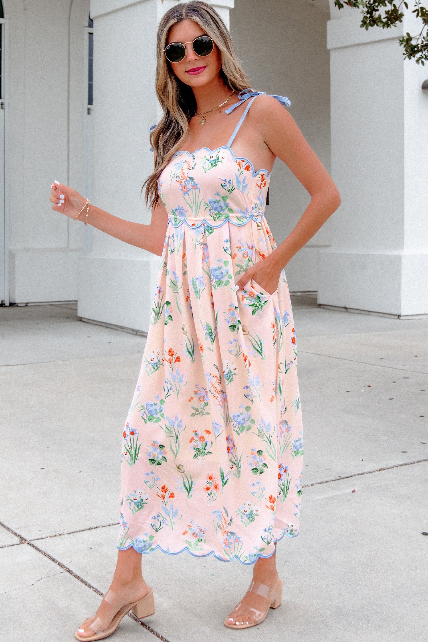 Floral Print Contrast Trim Self-tie Straps High-Waisted Midi Dress — everyday dress for women | J&H Apparel
