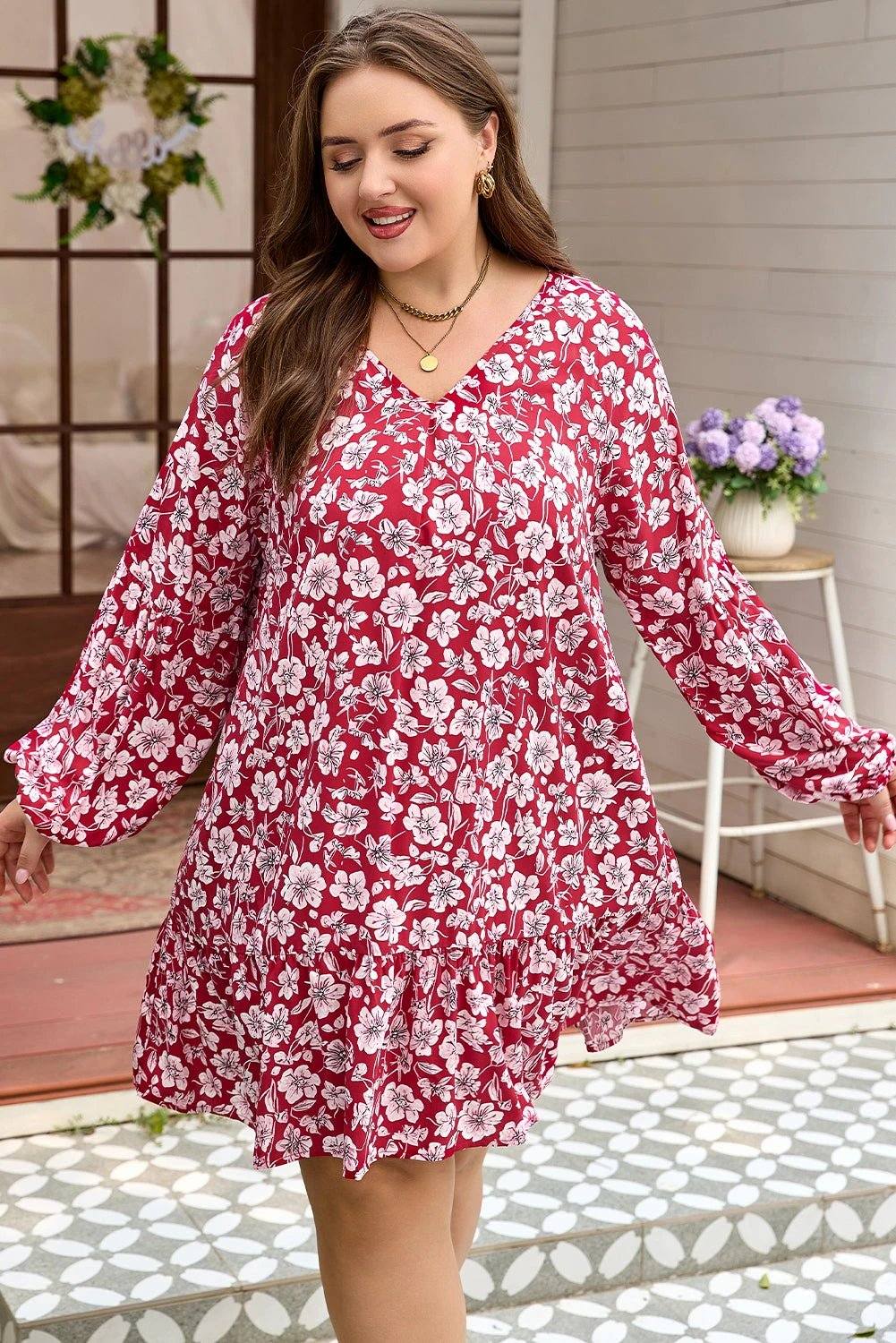 purple plus floral balloon sleeve v neck relaxed dress for women casual everyday outfit