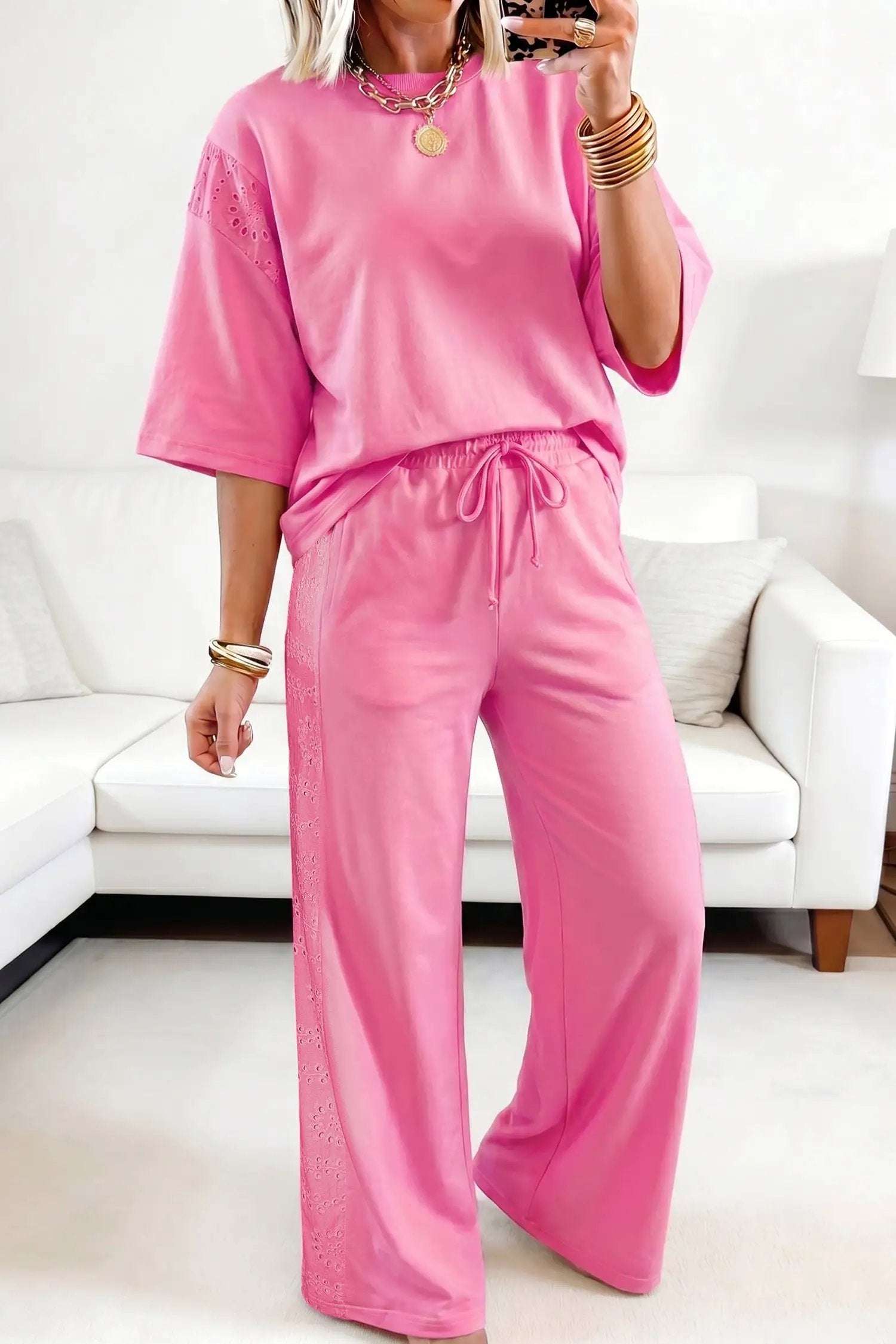 Two-Piece Lace Outfit Set with patchwork top and elastic-waist pants
