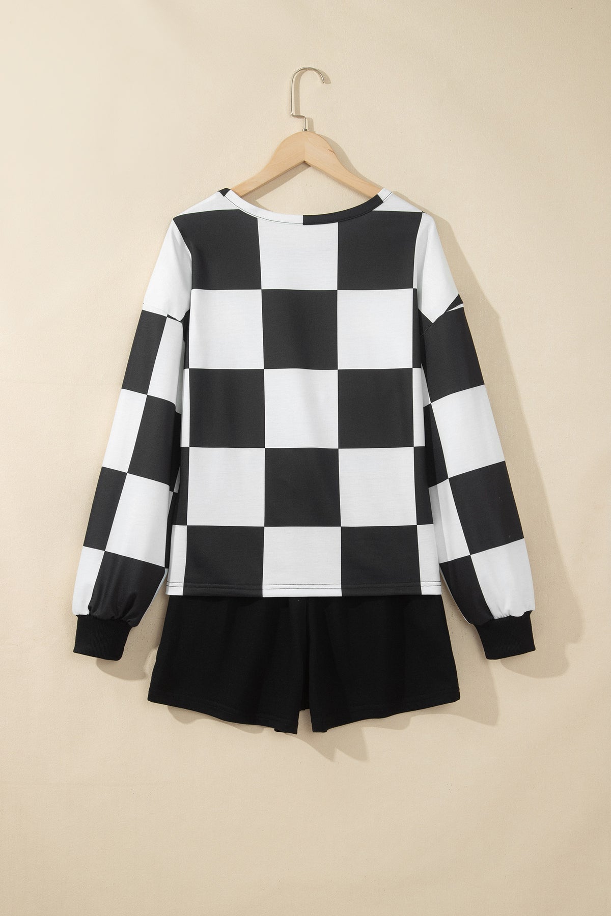 Checkerboard Plaid Long Sleeve Solid Color Shorts Two-Piece Set