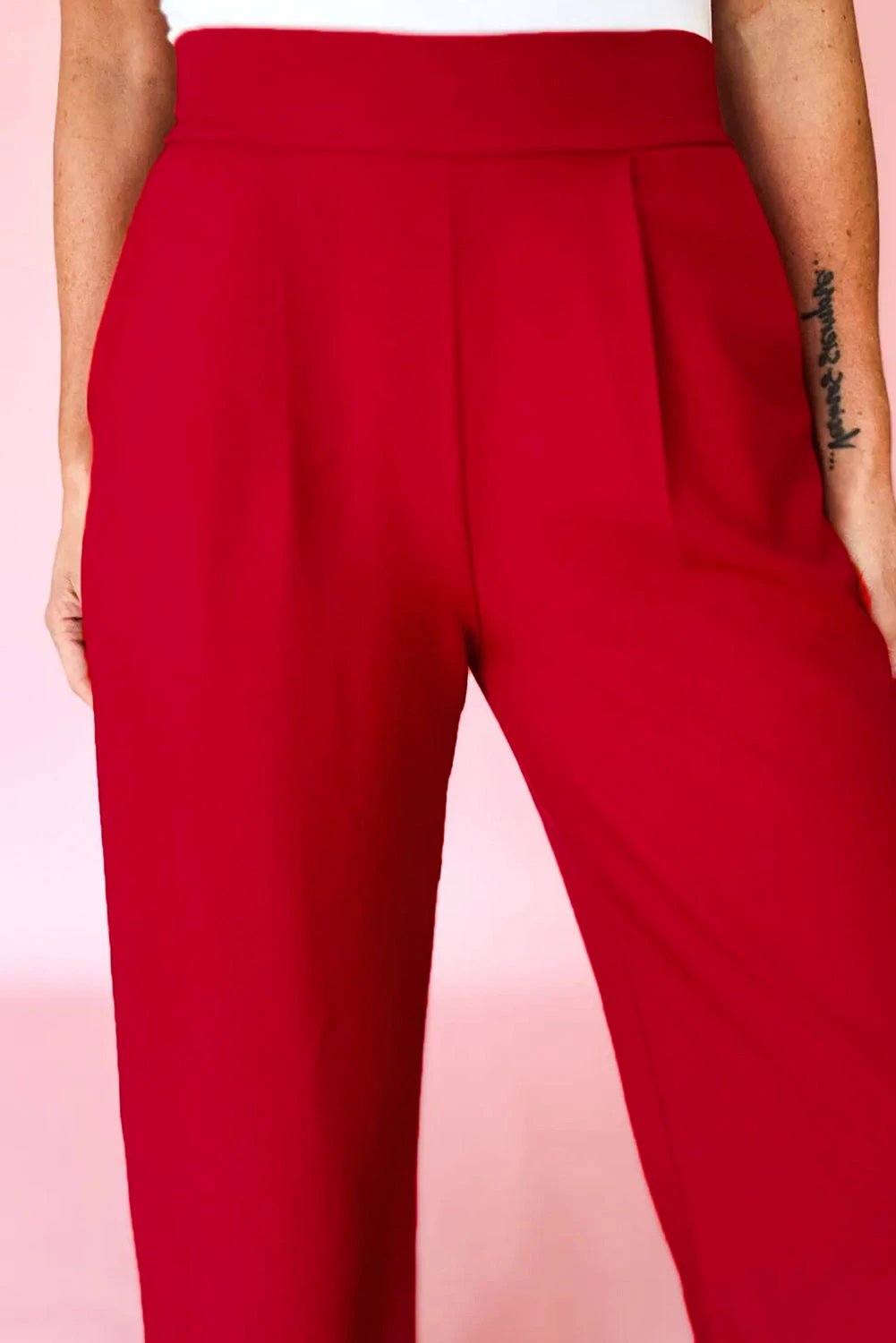 fiery red pleated detail pull on high elastic waist loose straight pants for women casual everyday outfit