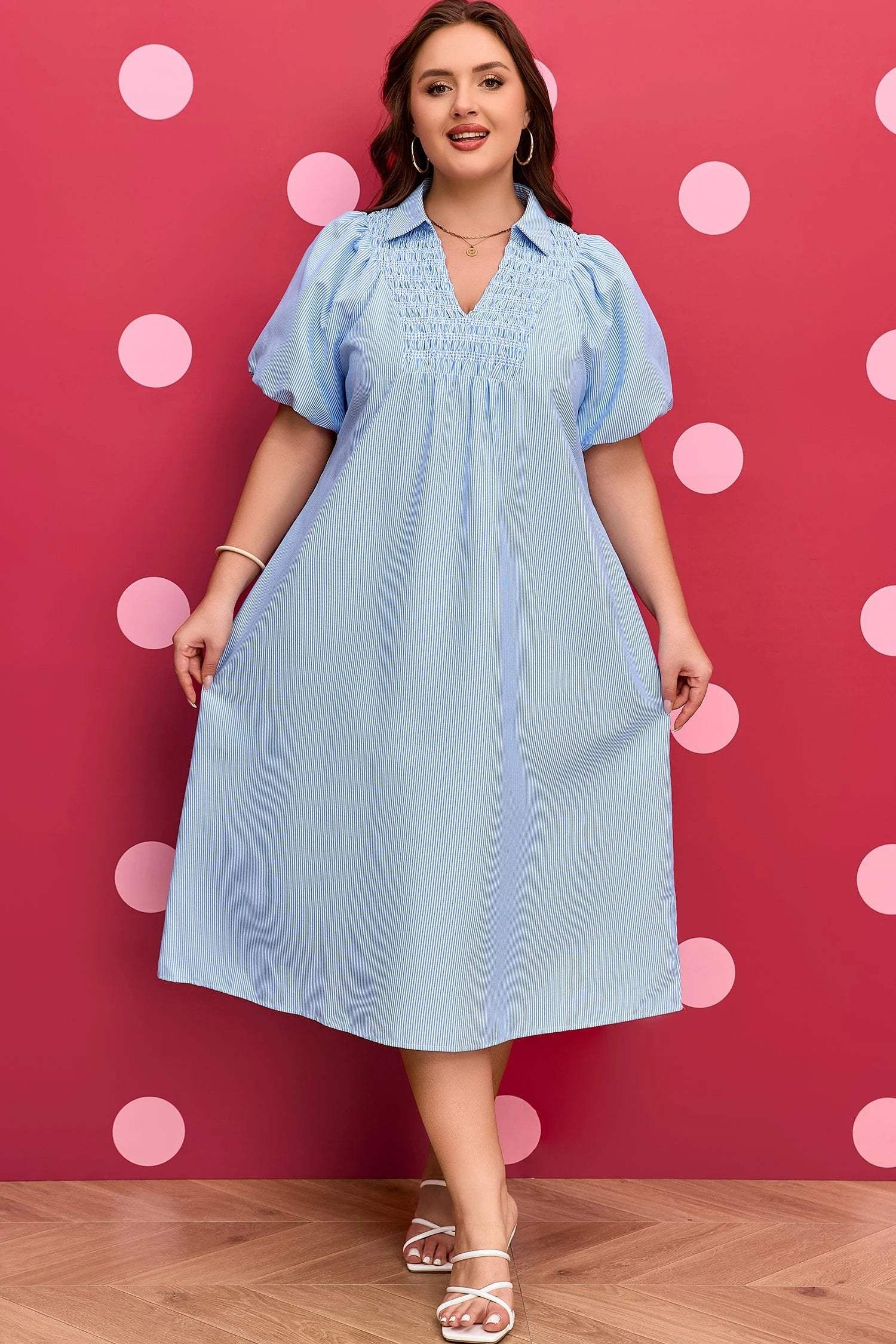 Dear-Lover Dropshipping Sky Blue Stripe Shirred Detail Collar V Neck Plus Size Midi Dress - Plus Size/Plus Size Dresses/Plus Size Midi Dresses