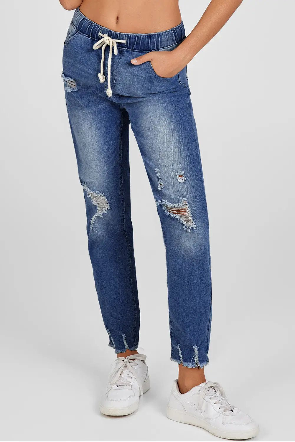 Navy Blue elastic waist straight leg destroyed raw hem jeans for women casual everyday outfit