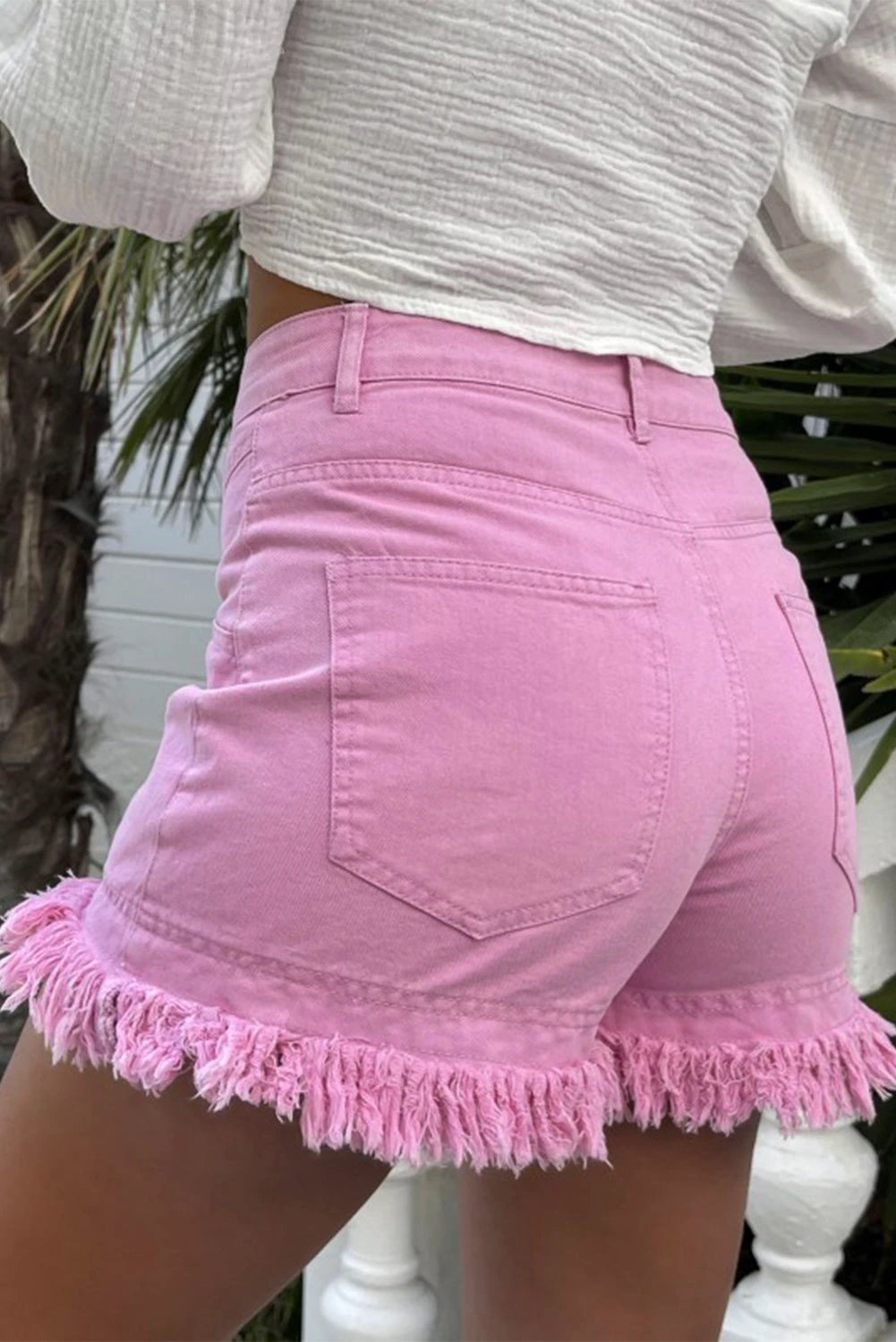pink frayed edge mid rise denim shorts for women casual everyday outfit
