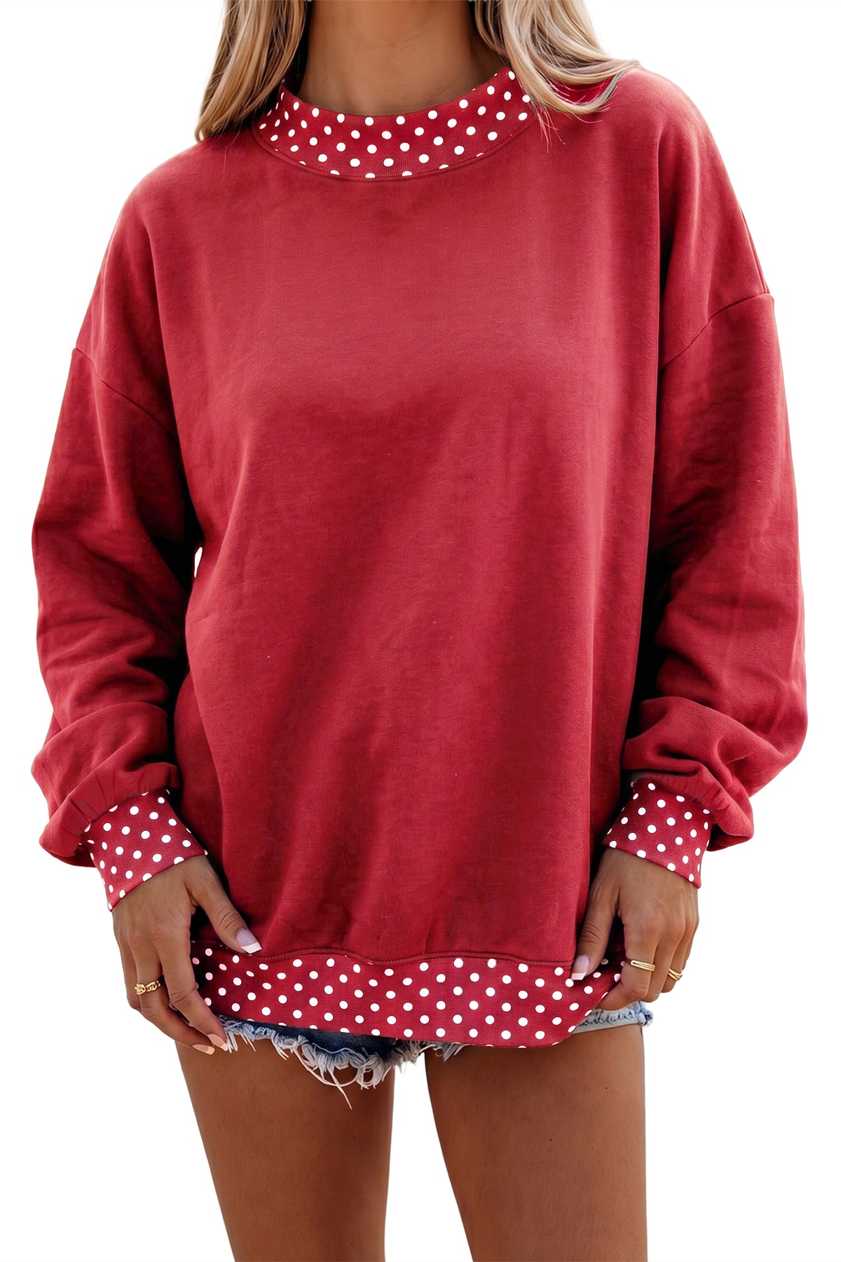 Orange Colorblock Polka Dot Contrast Trim Oversized Sweatshirt