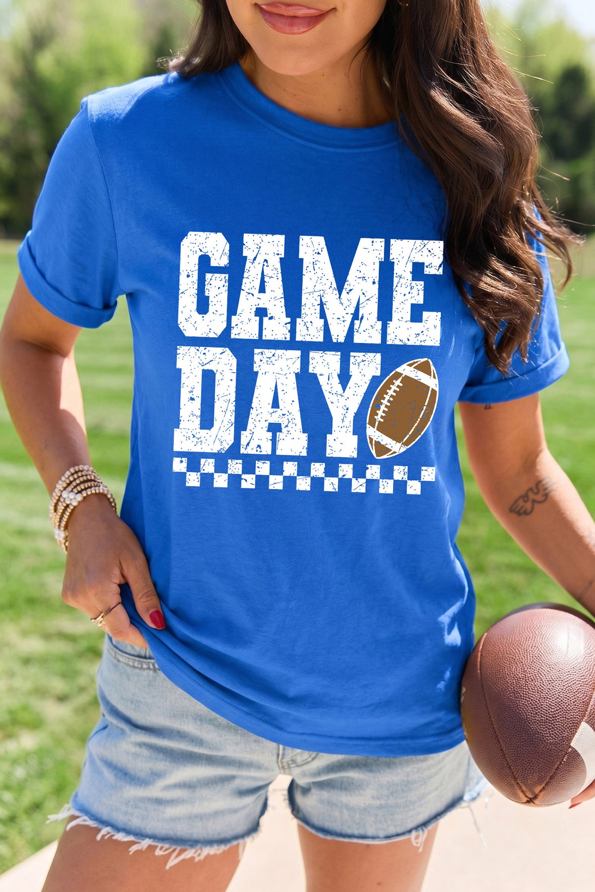 GAME DAY Checkered Print Rugby Graphic T-Shirt