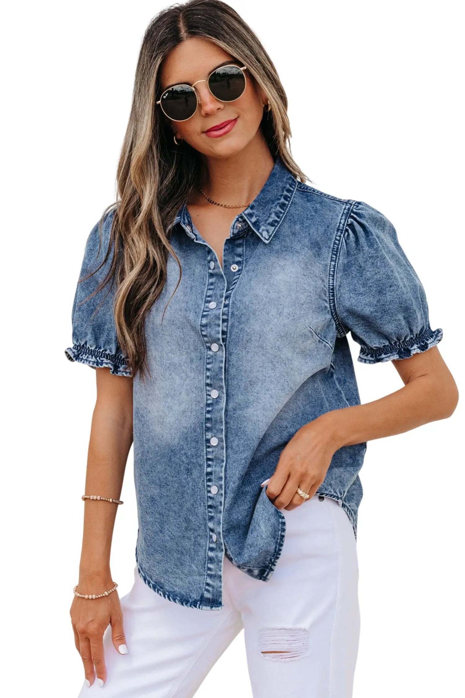 Blue denim frilled short sleeve shirt with snap buttons in Western Chic style