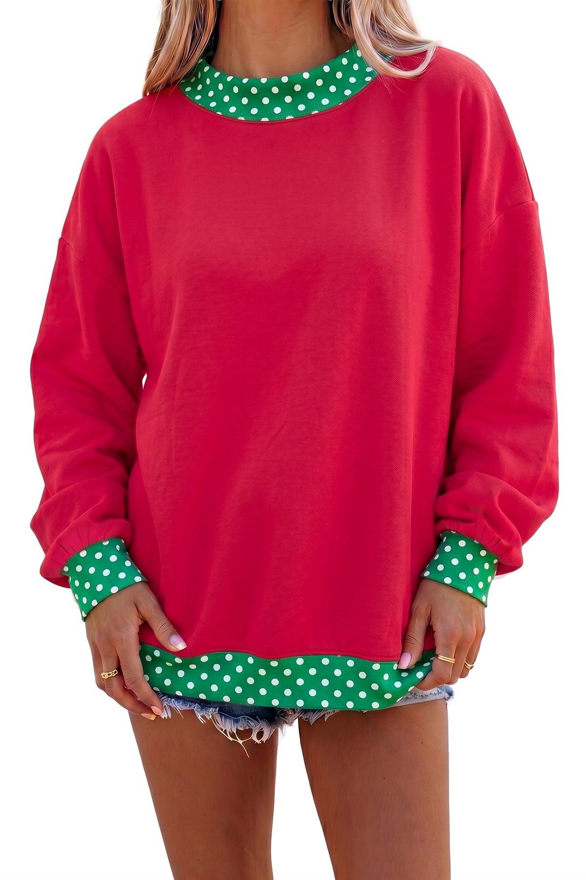 Orange Colorblock Polka Dot Contrast Trim Oversized Sweatshirt