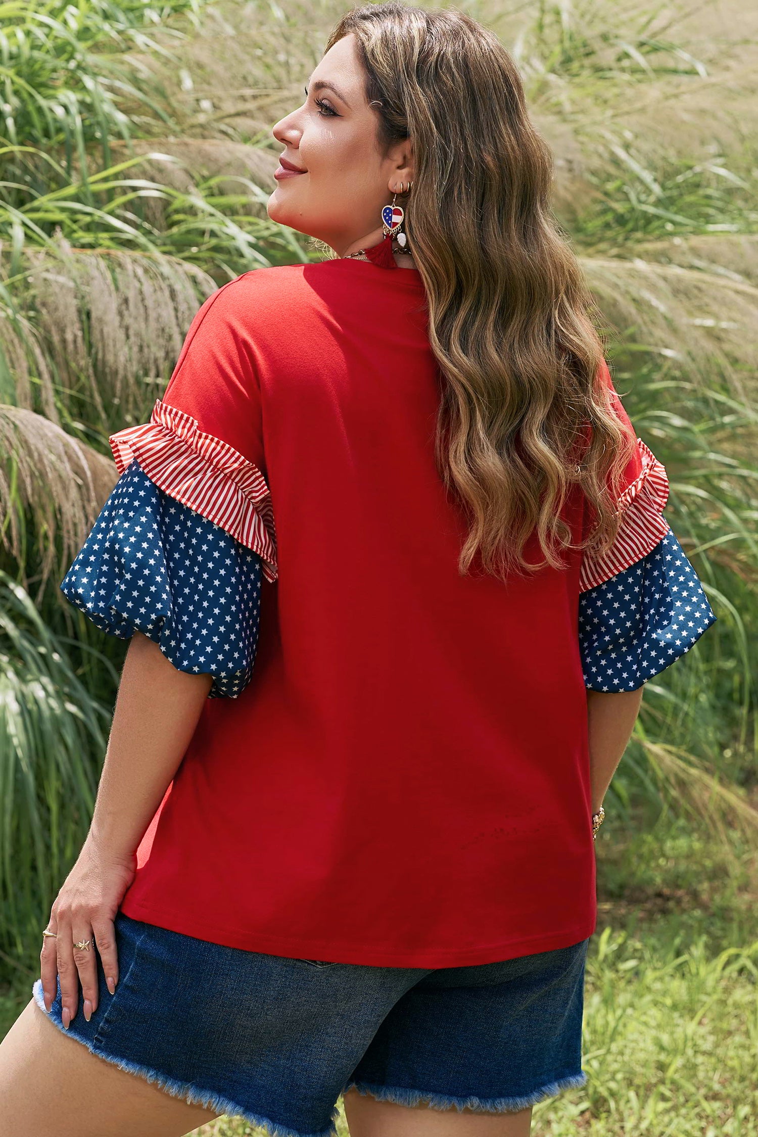 Plus Size Patchwork Star Top with Striped — plus size women's everyday top | J&H Apparel