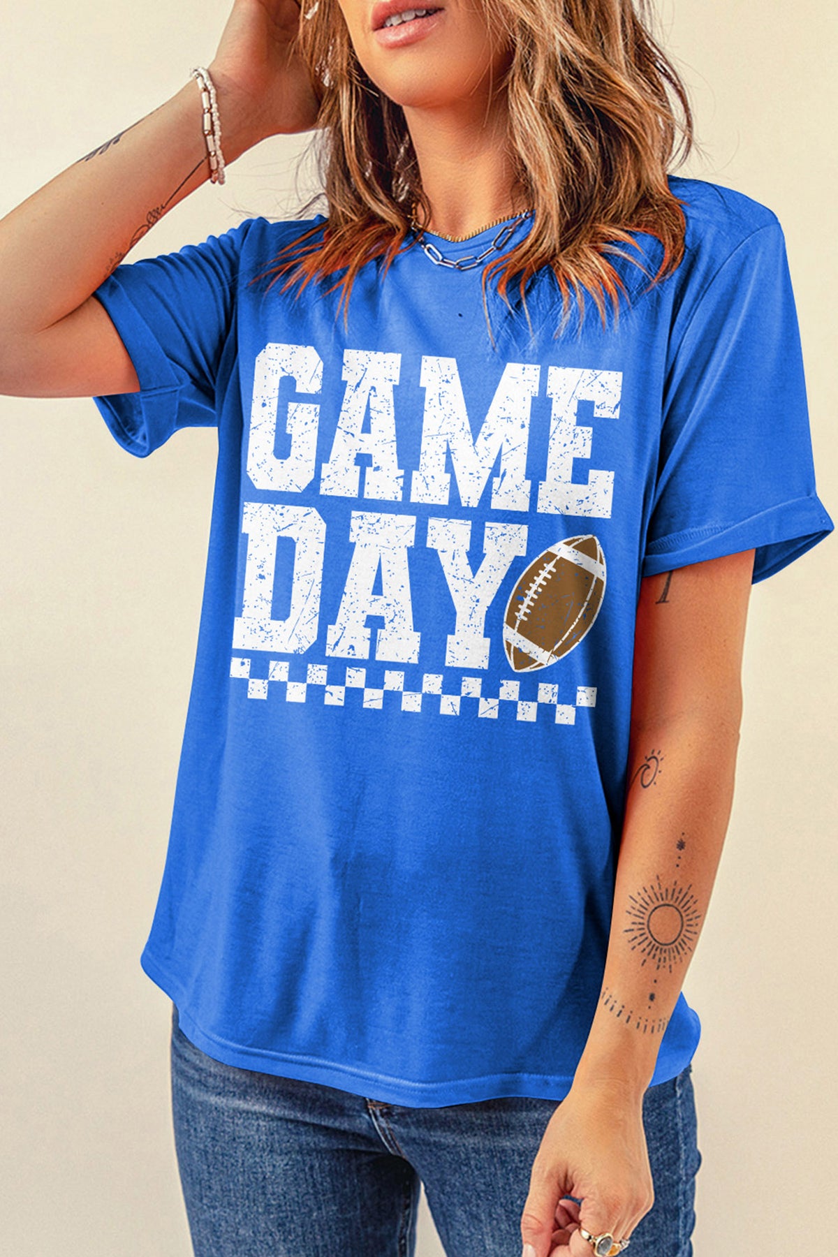 GAME DAY Checkered Print Rugby Graphic T-Shirt