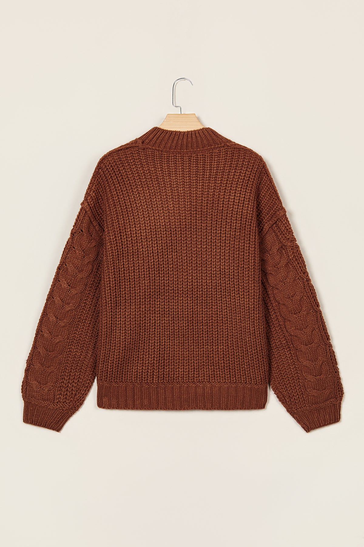Coffee Solid Color Cable Knit High Neck Loose Pullover Sweater