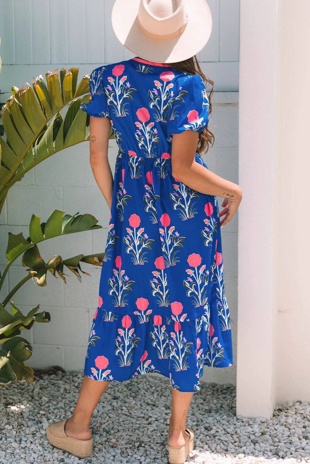 sky blue floral puff short sleeve v neck high waist maxi dress for women casual everyday outfit