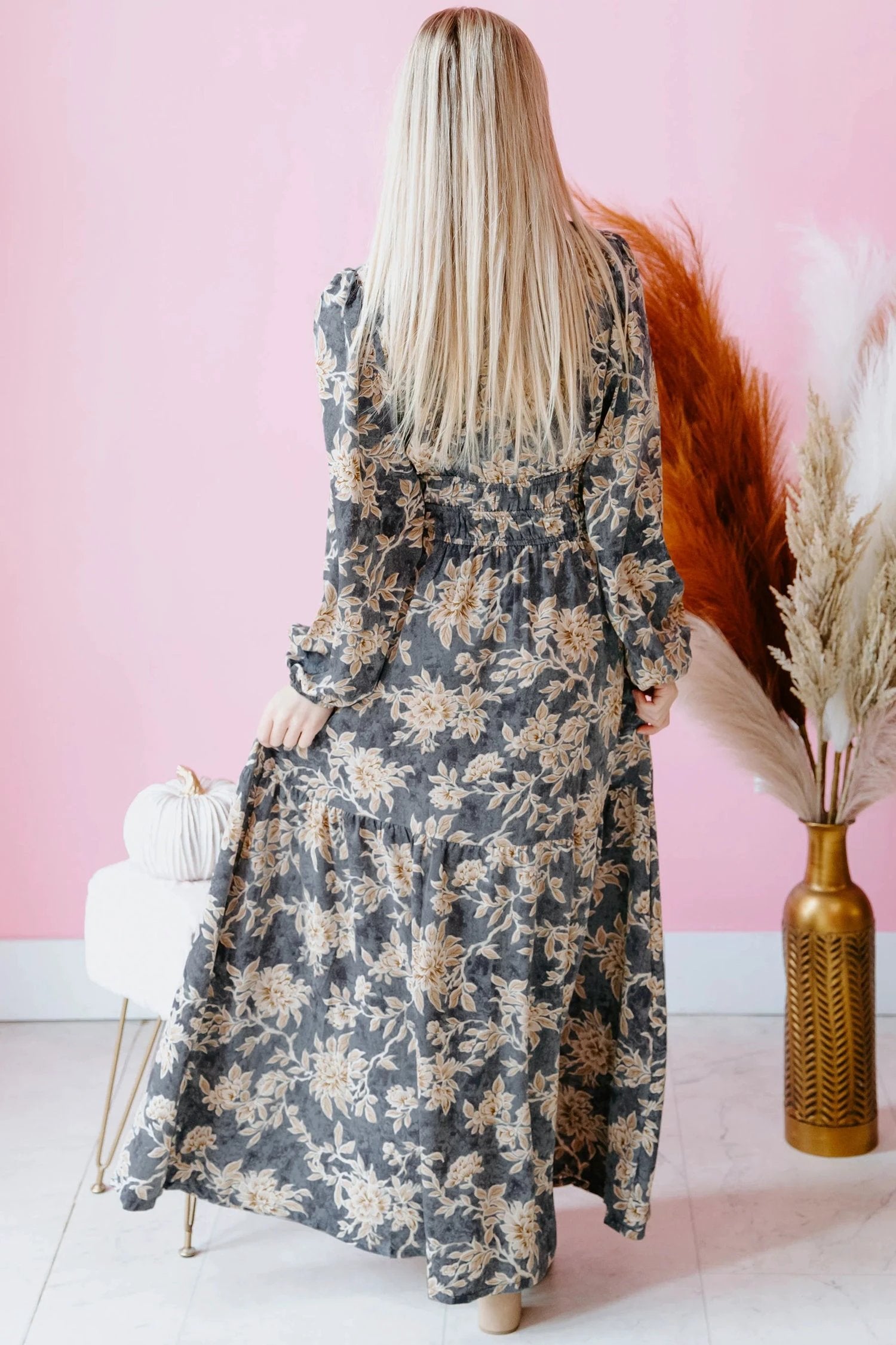Dear-Lover Dropshipping Sky Blue Plus Size Floral Print Split Neck Shirred High Waist Long Sleeve Maxi Dress - Plus Size/Plus Size Dresses/Plus Size Maxi Dresses