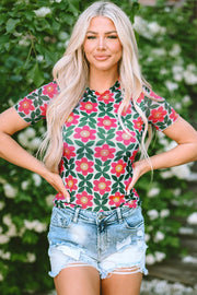 Red retro floral print crew neck t-shirt with pink and green flowers by Bloom Energy