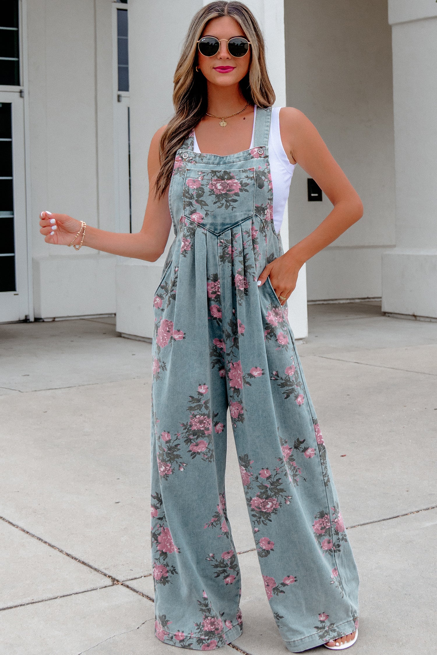 Floral Print Pleated High-Waisted Wide-Leg Denim Jumpsuit — everyday dress for women | J&H Apparel