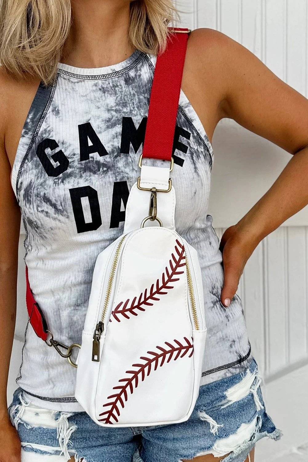 racing red balls pattern pu leather zipped sling bag for women casual everyday outfit