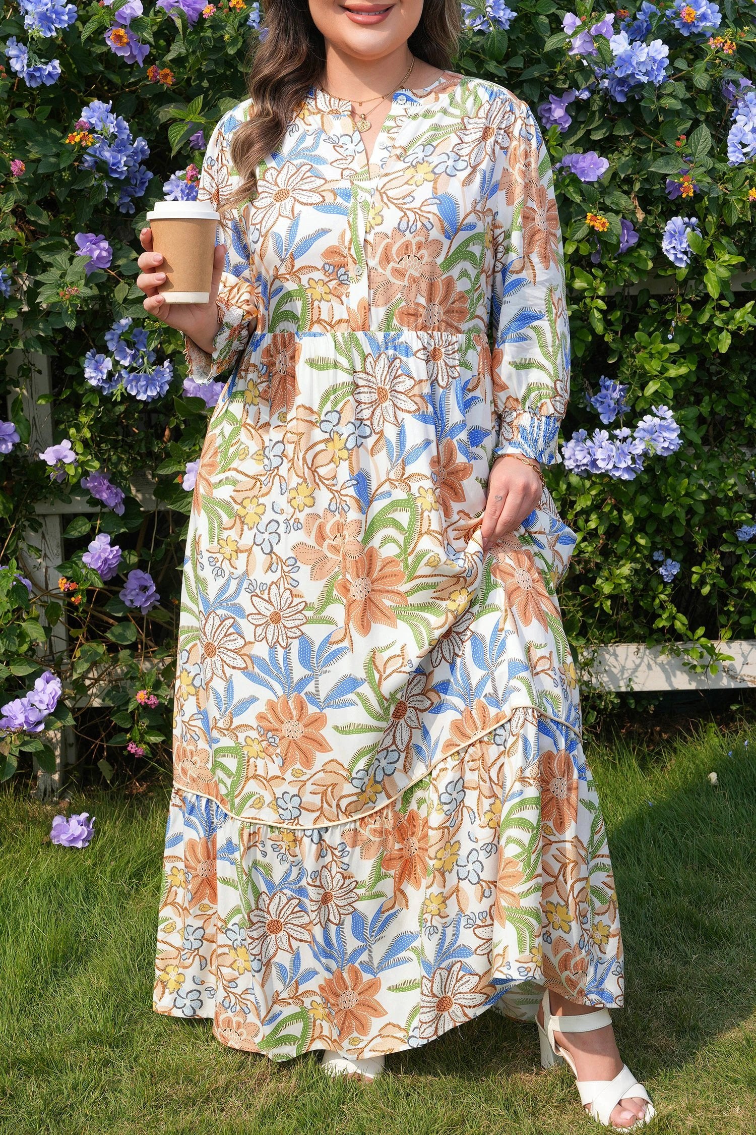 Dear-Lover Dropshipping Khaki Floral Print 3/4 Sleeves Tiered Plus Size Long Dress - Plus Size/Plus Size Dresses/Plus Size Maxi Dresses