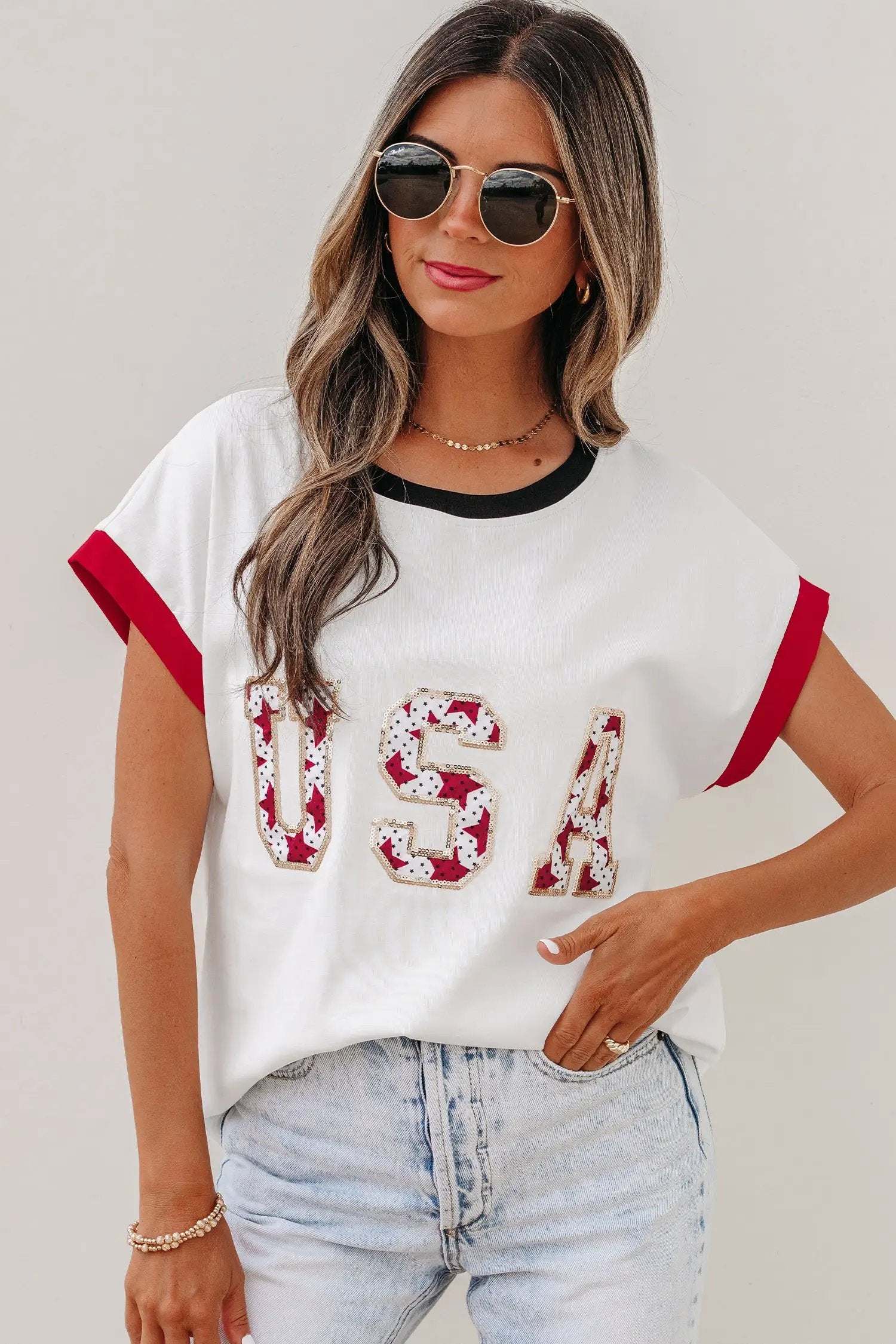 Star-Spangled Shine USA sequin color-block trim loose t-shirt relaxed fit