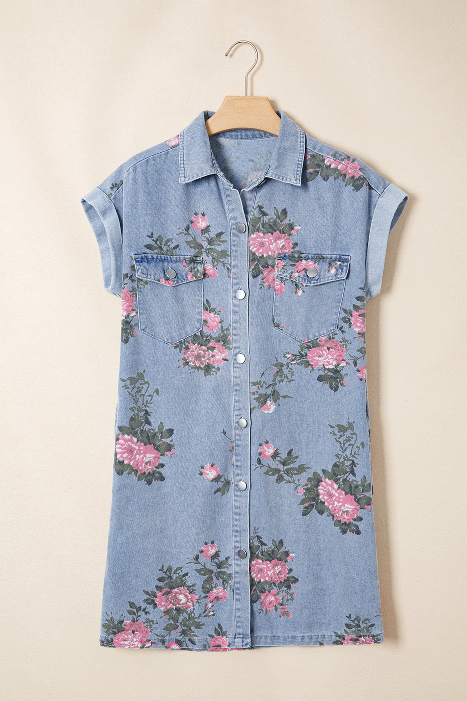 Denim Floral Print Cuffed Short Sleeve Button-Down Shift Dress — everyday dress for women | J&H Apparel