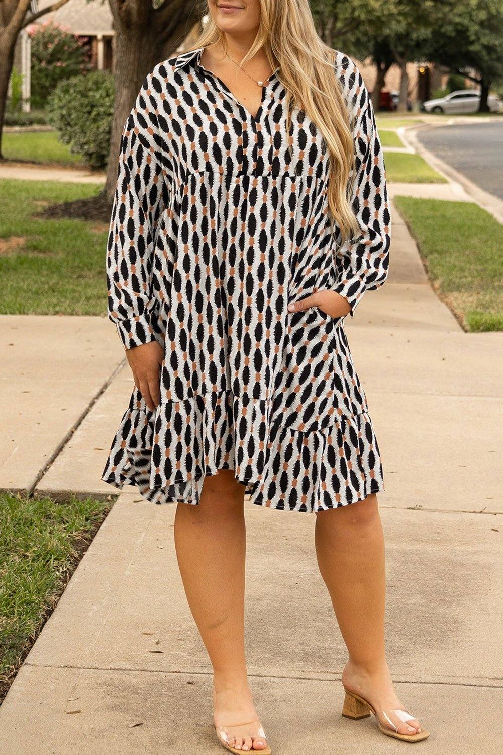 Plus size geometric print collared V-neck mini dress with main character energy style