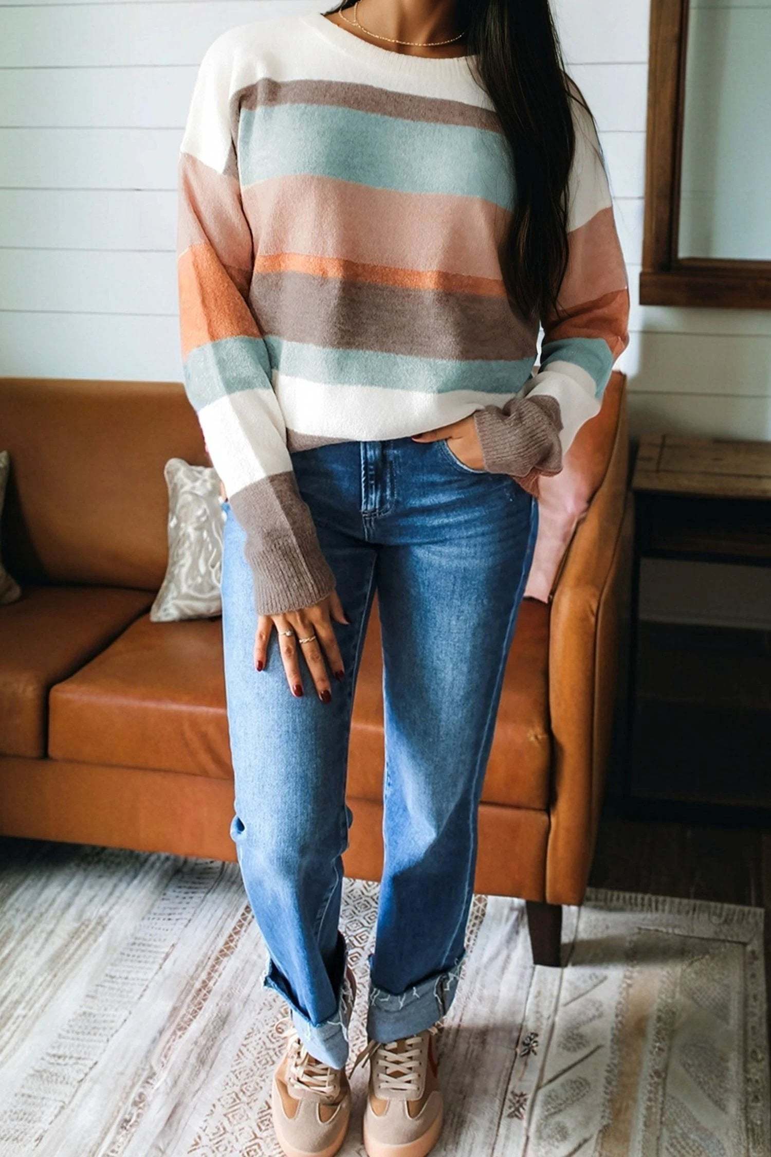 colorblock stripe knit sweater for women casual everyday outfit