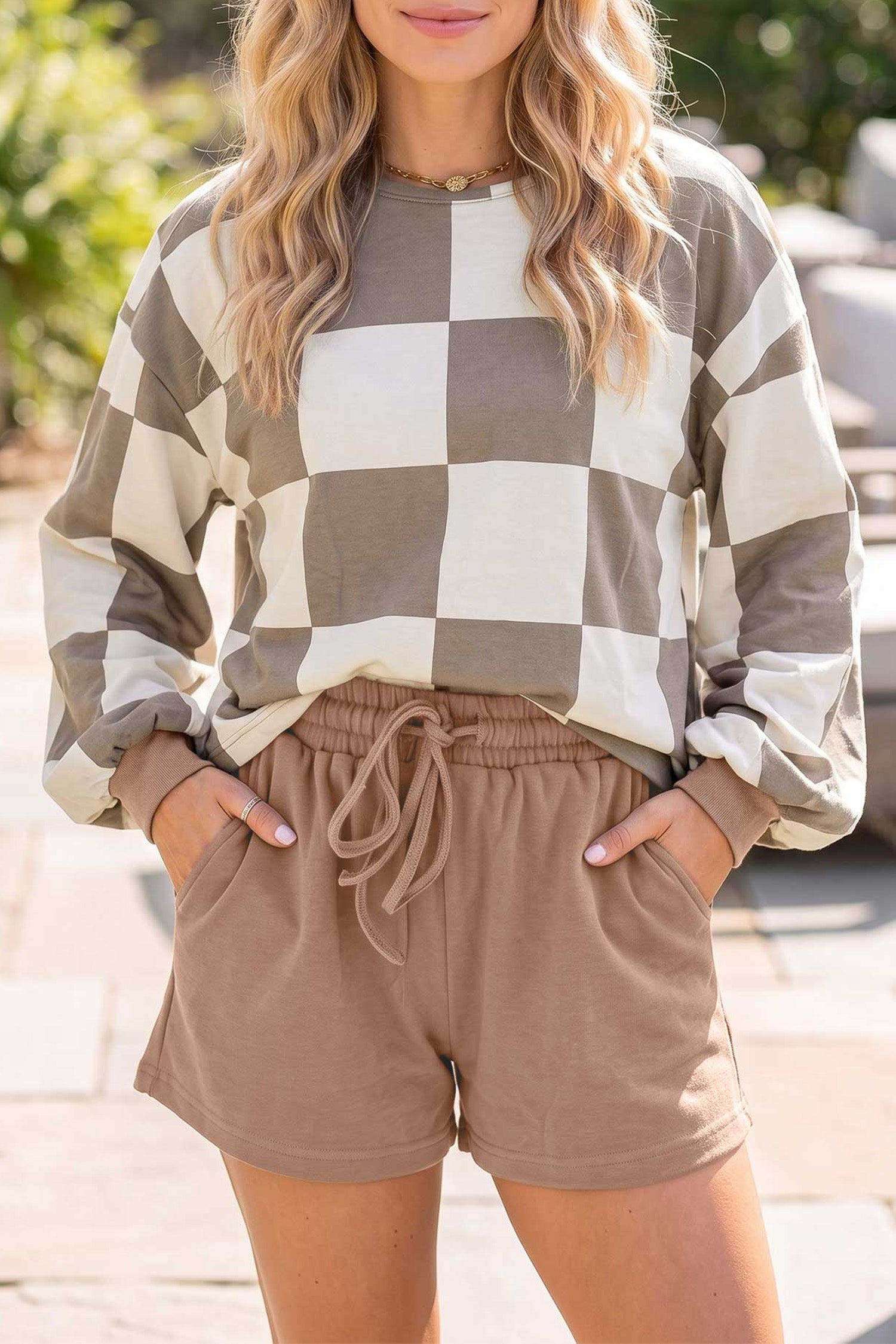Checkerboard Plaid Long Sleeve Solid Color Shorts Two-Piece Set