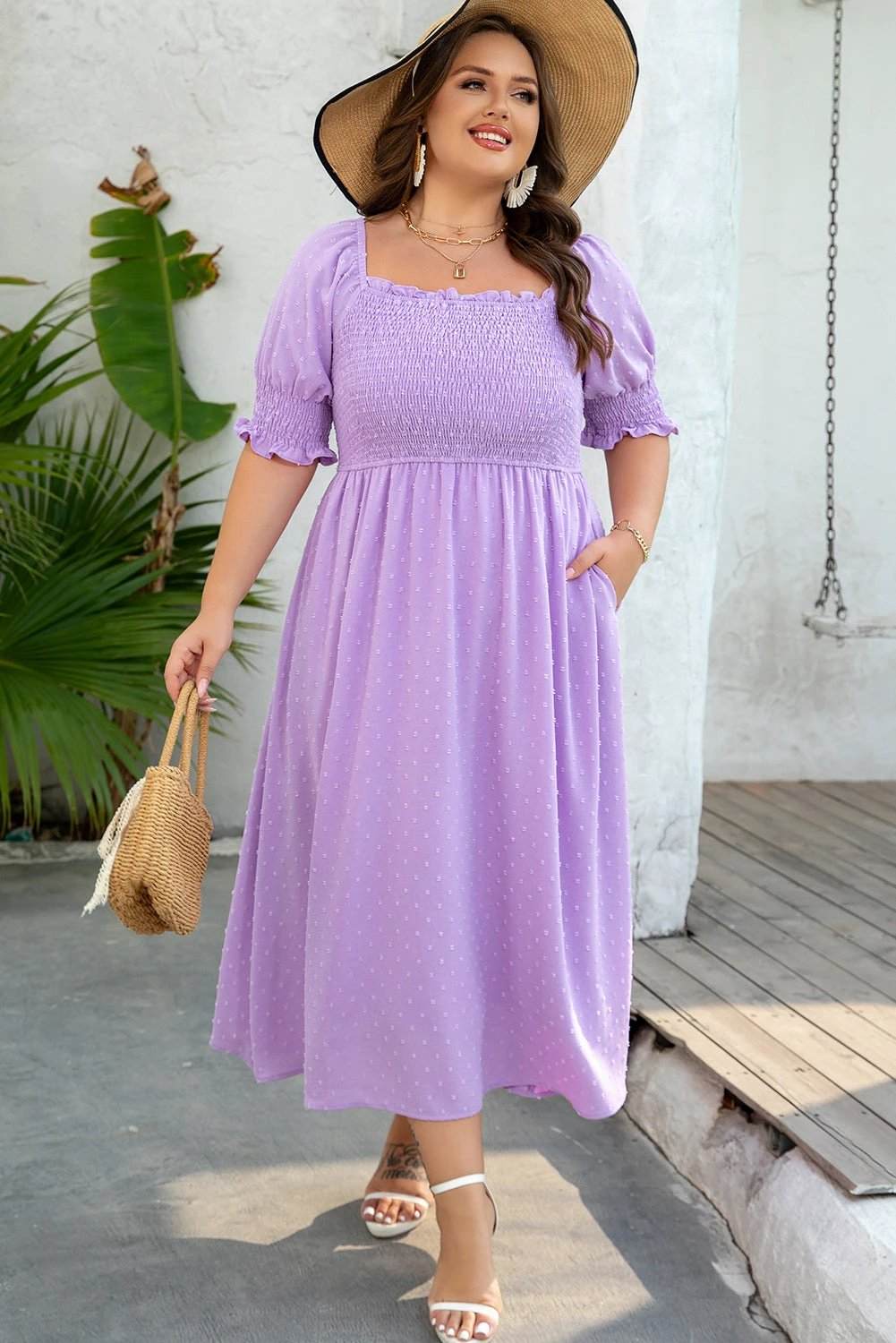Plus size Sunday Ready Swiss dot dress with smocked bodice and frilled neckline in wisteria