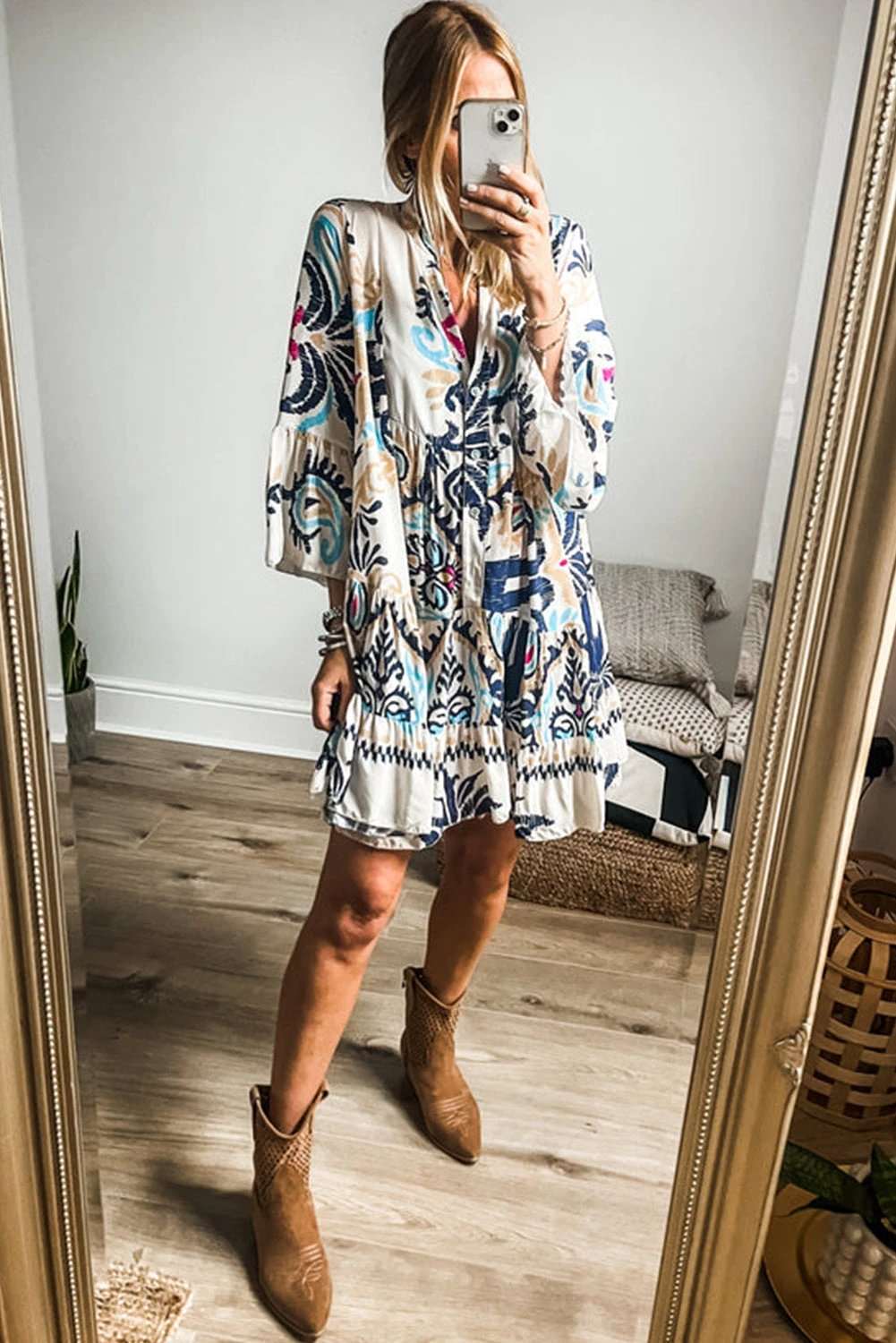 Printed Tribal Mini Dress with buttoned front and bracelet sleeves