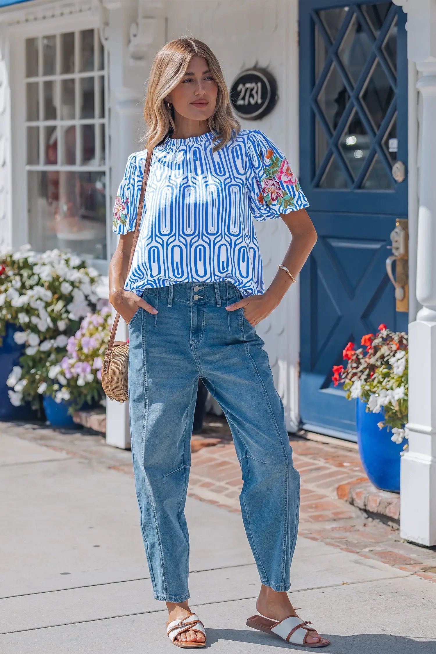 sky blue unique geometry print floral embroidered puff sleeve blouse for women casual everyday outfit