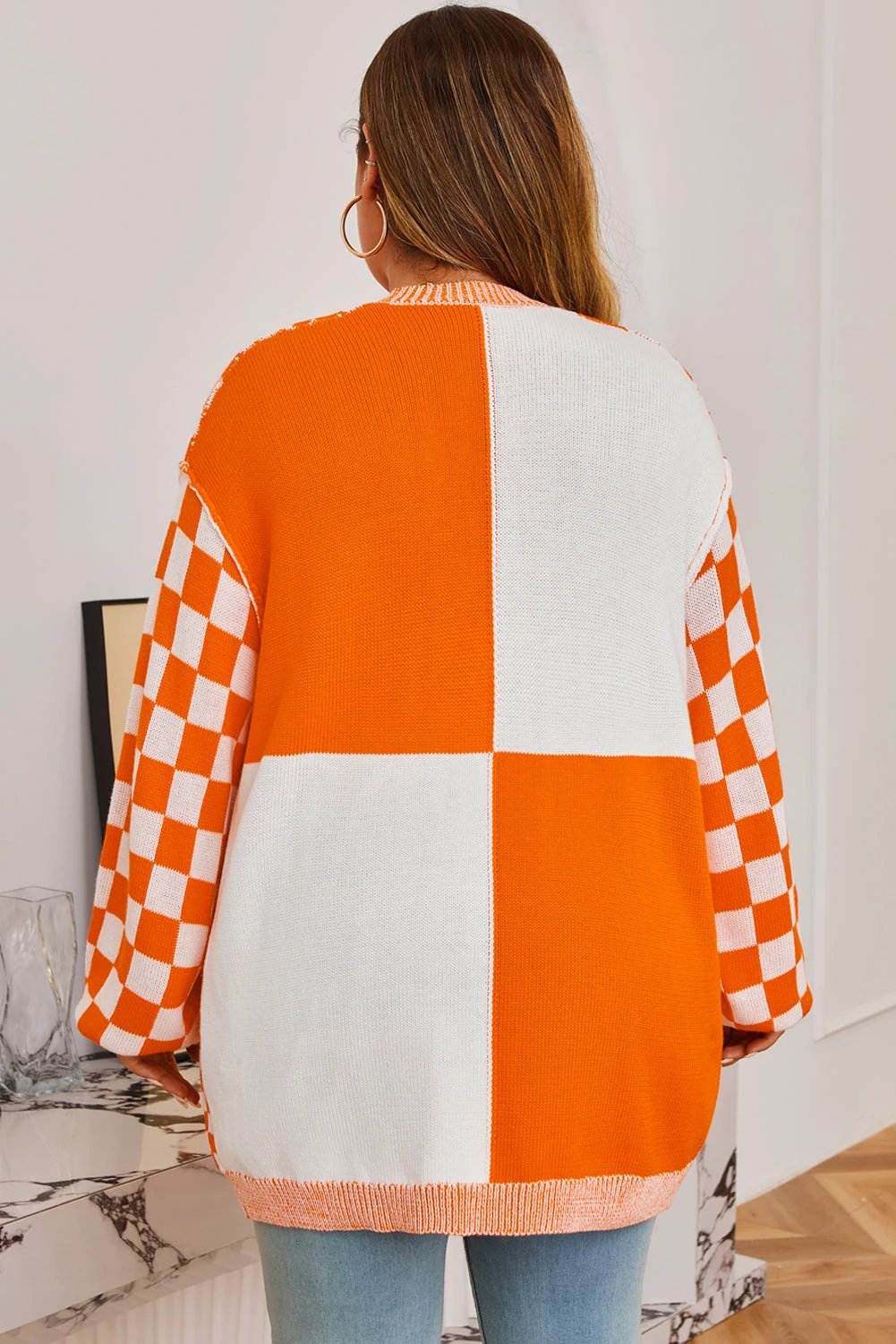 orange plus size checkered bubble sleeve drop shoulder open cardigan for women casual everyday outfit