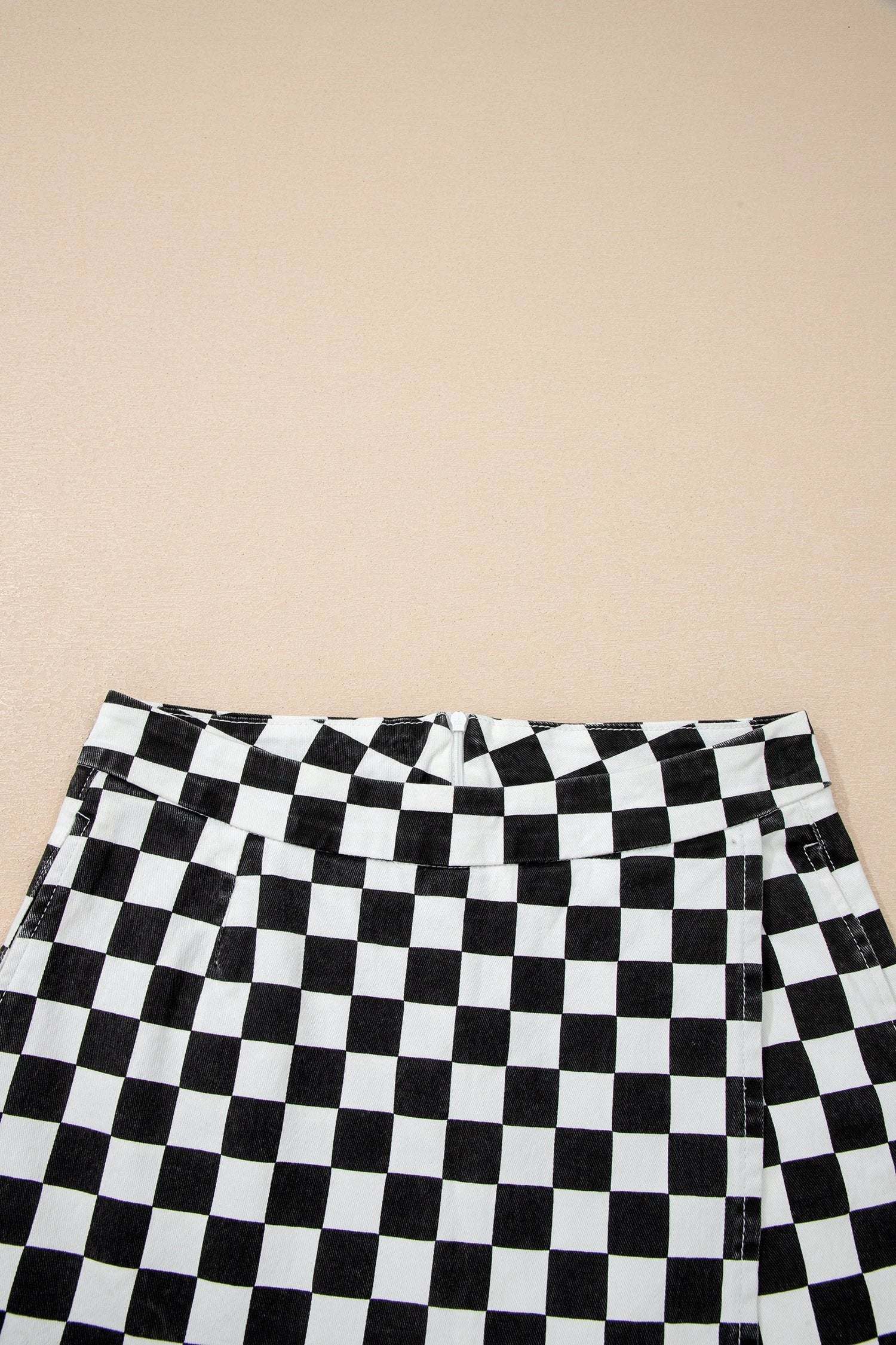 black checkered print overlap denim shorts for women casual everyday outfit