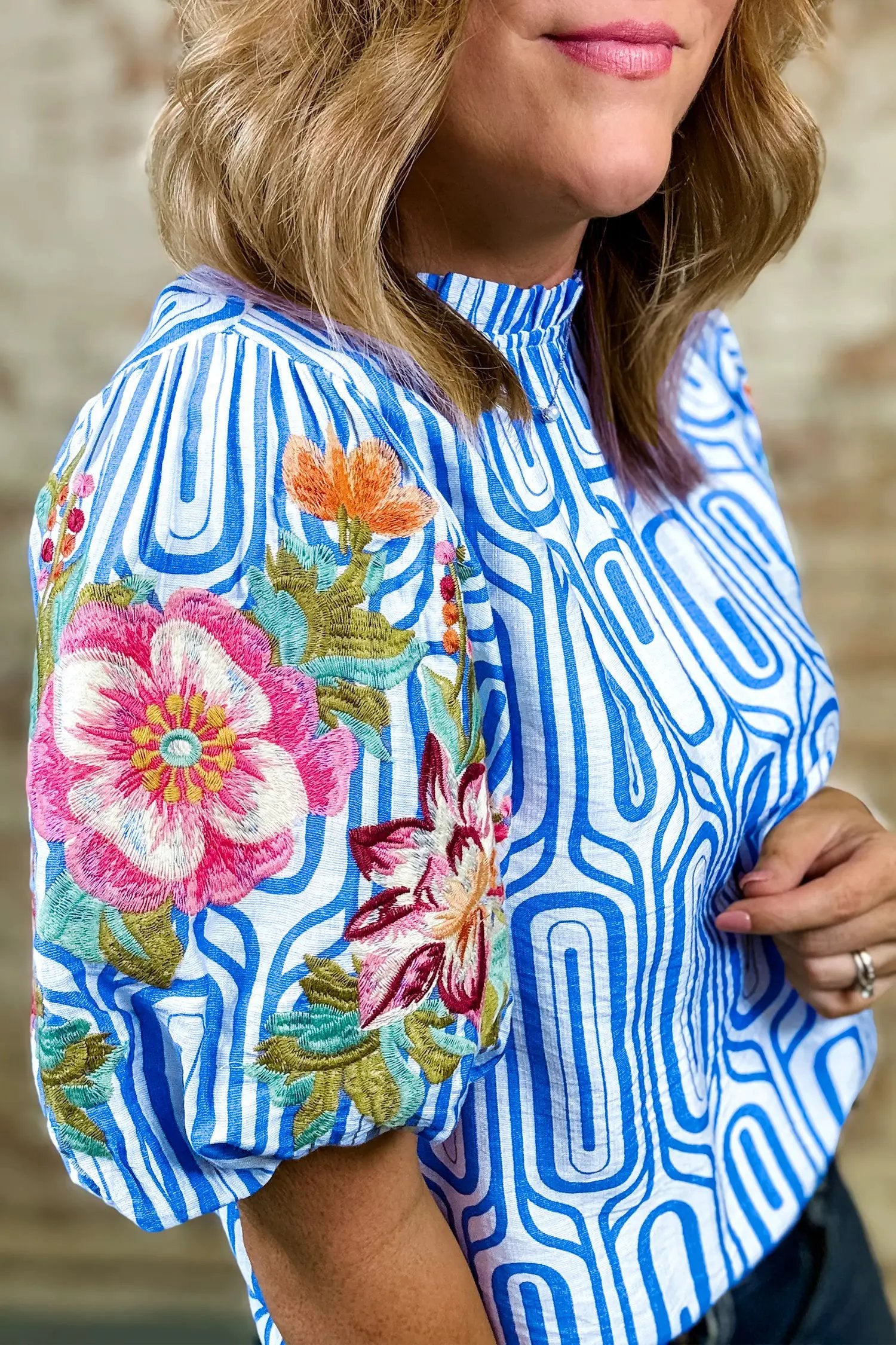 sky blue unique geometry print floral embroidered puff sleeve blouse for women casual everyday outfit