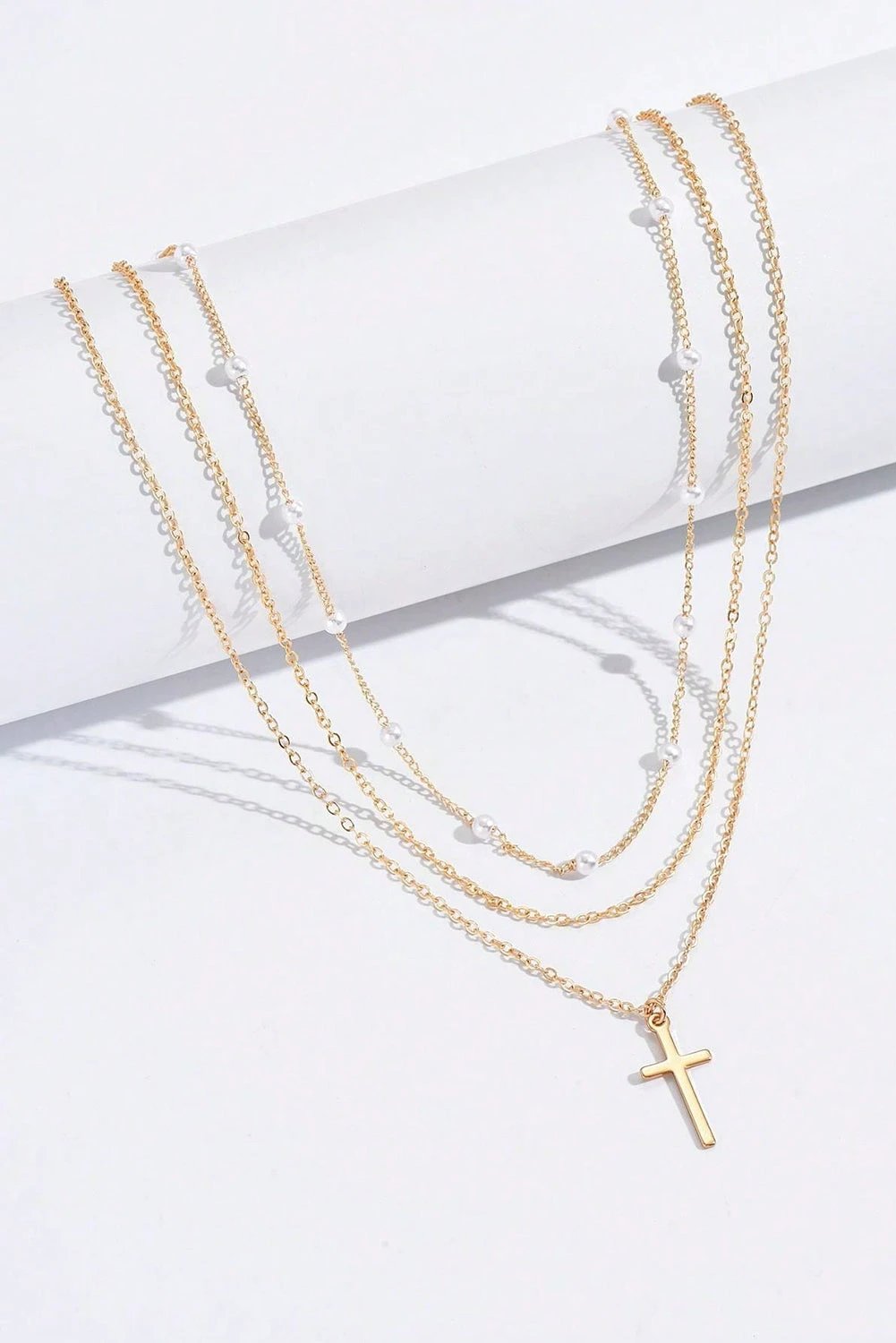 gold plated cross pendant pearl decor triple layer chain necklace for women casual everyday outfit