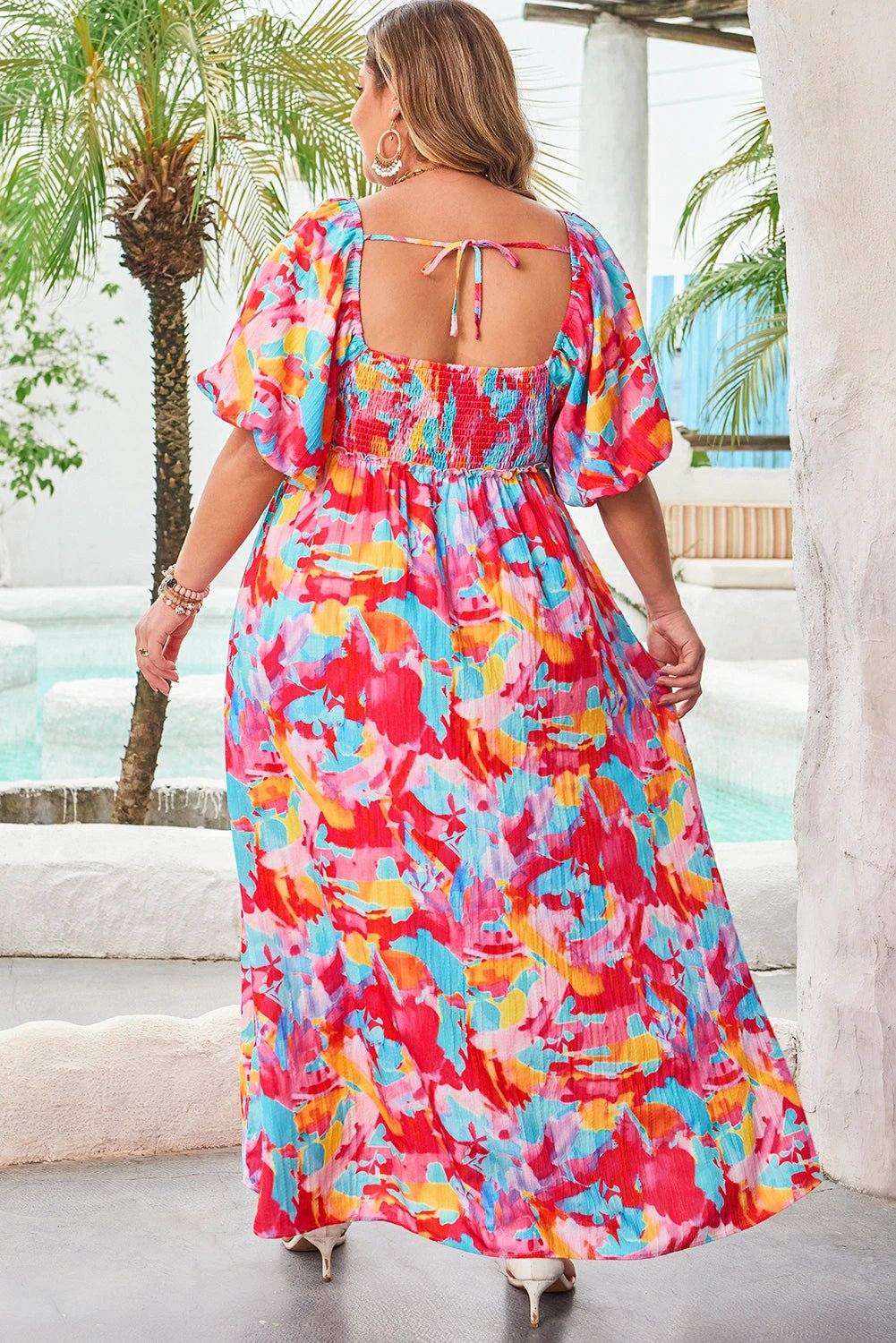 rose abstract printed puff sleeve square neck smocked bust tied back plus size dress for women casual everyday outfit