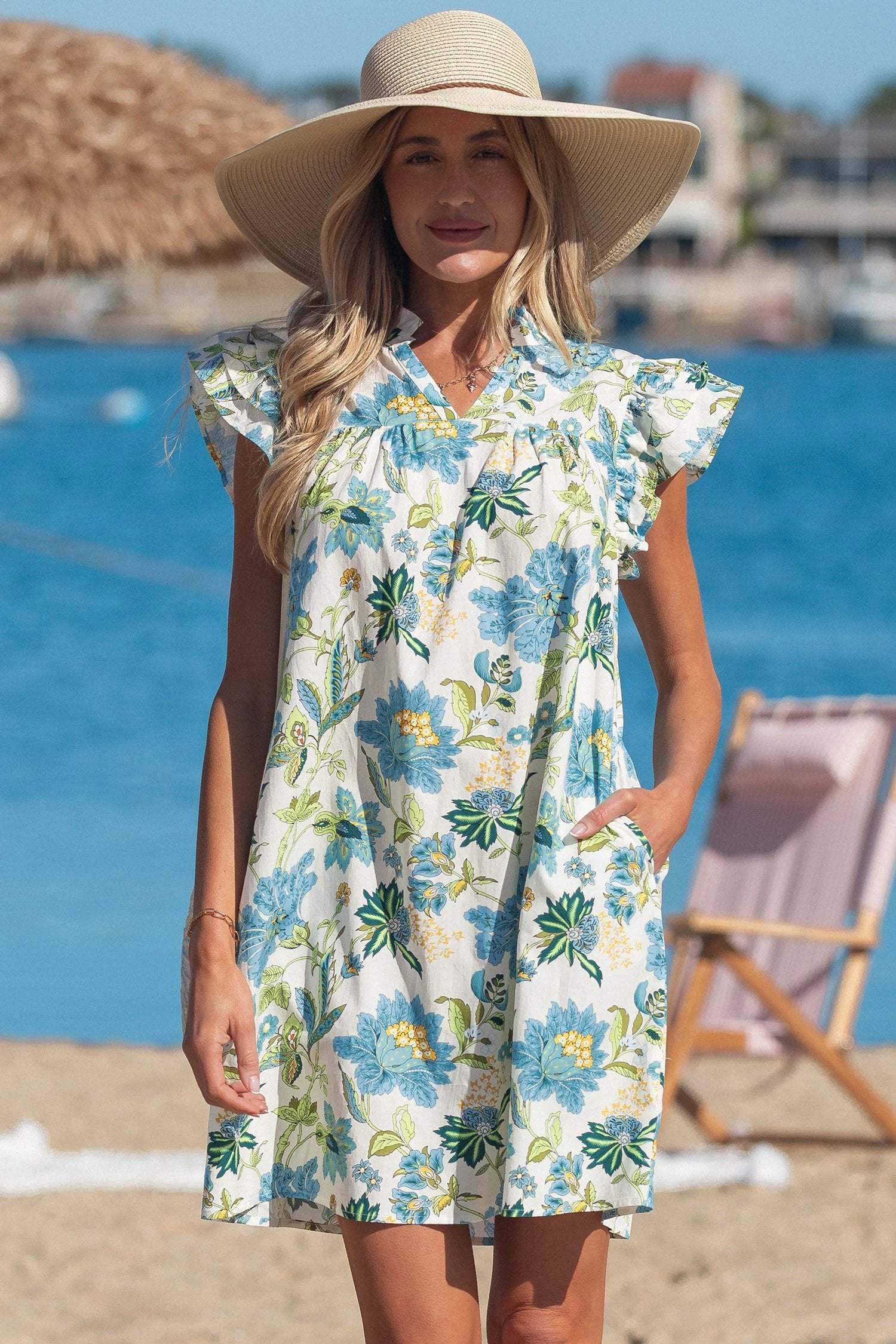 beige floral print v neck triple ruffle short sleeve shift mini dress for women casual everyday outfit