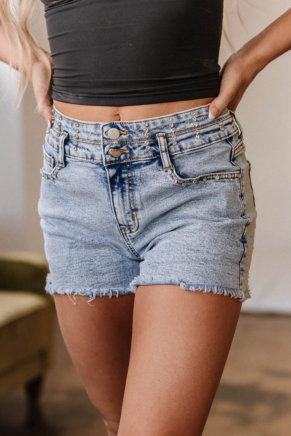 Soft Denim Blue rhinestone light wash raw hem high waist denim shorts for women casual everyday outfit
