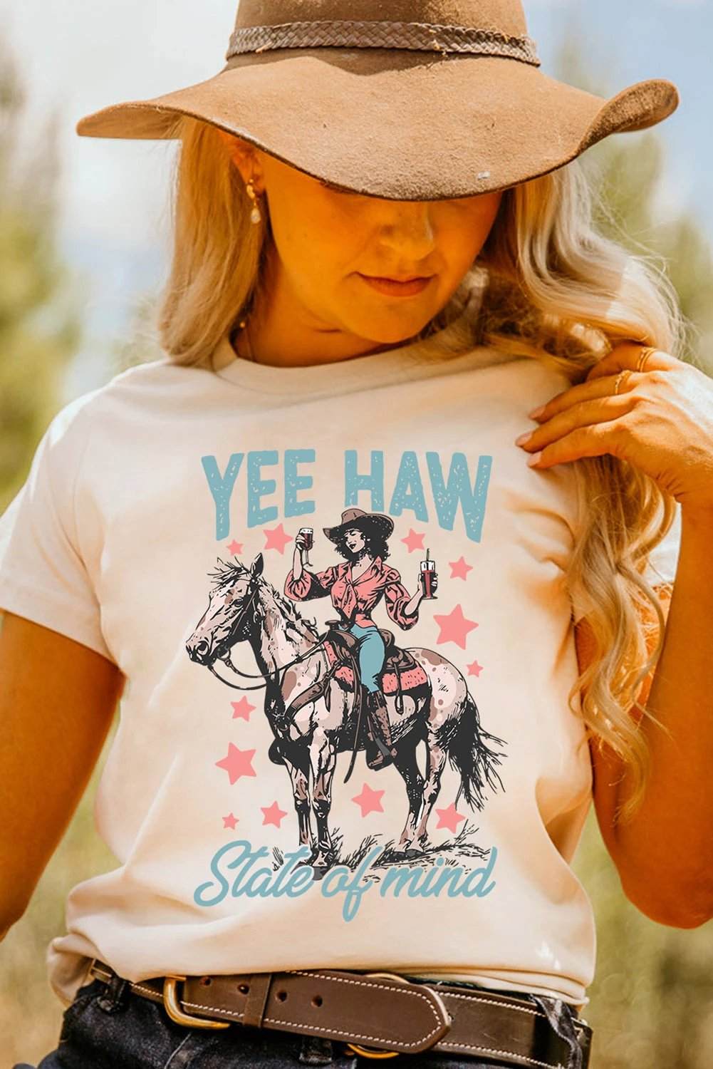 white yee haw state of mind cowgirl graphic western fashion tee for women casual everyday outfit