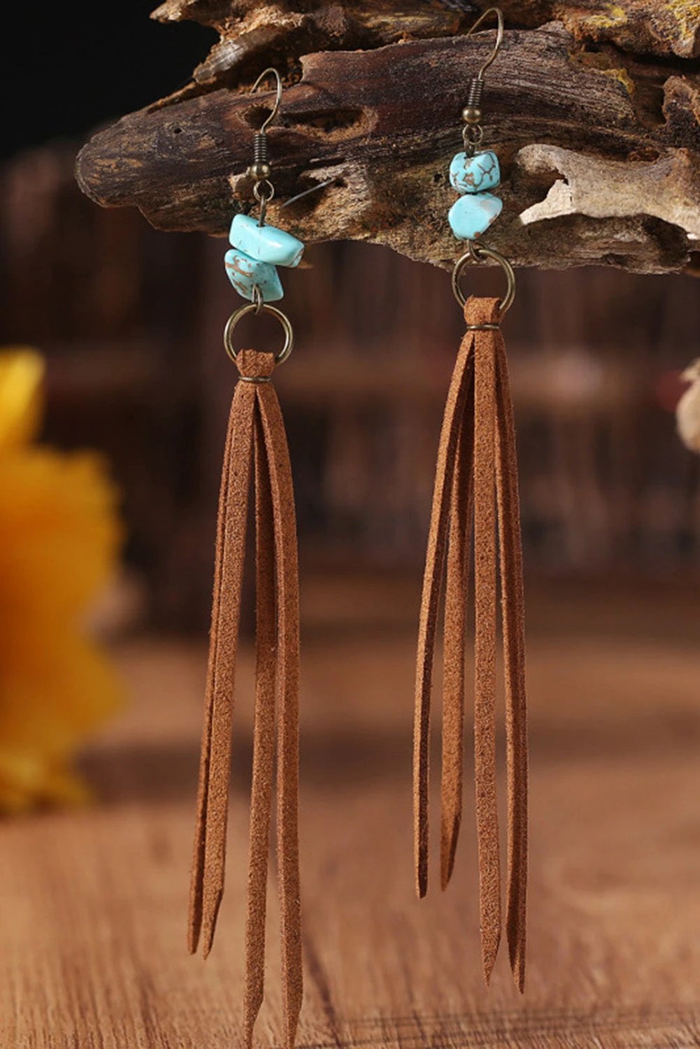brown turquoise tassel drop earrings for women casual everyday outfit