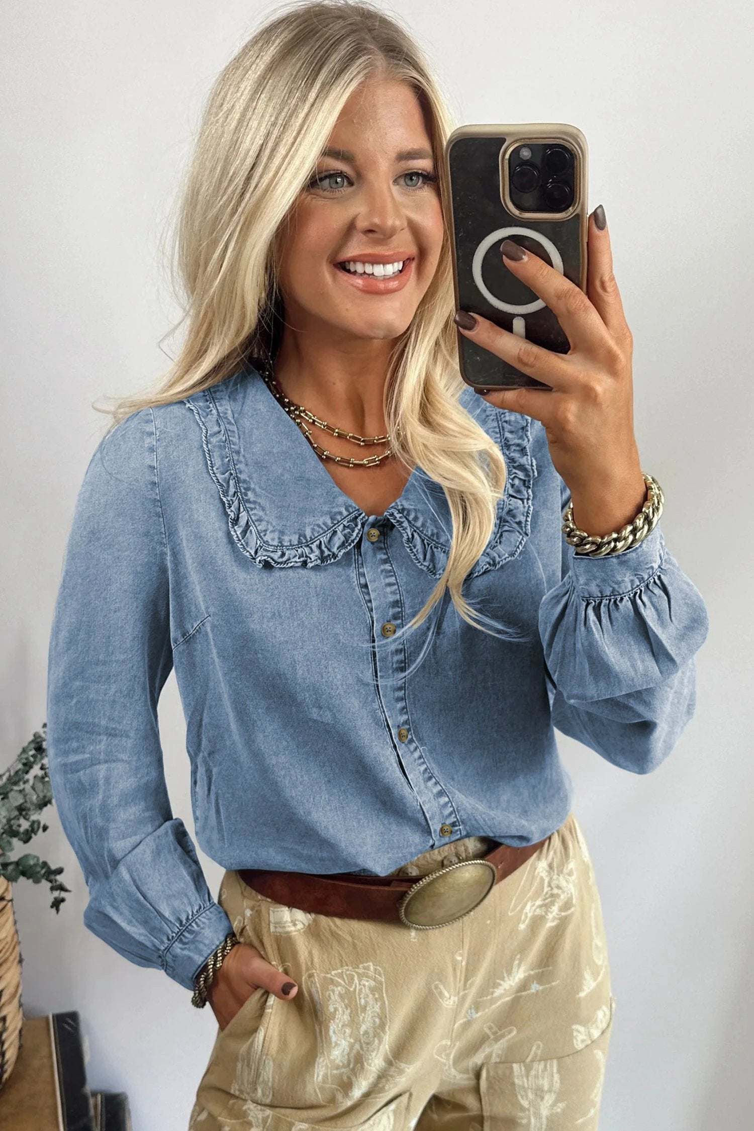 Soft Denim Blue ruffled peter pan collar western denim shirt for women casual everyday outfit