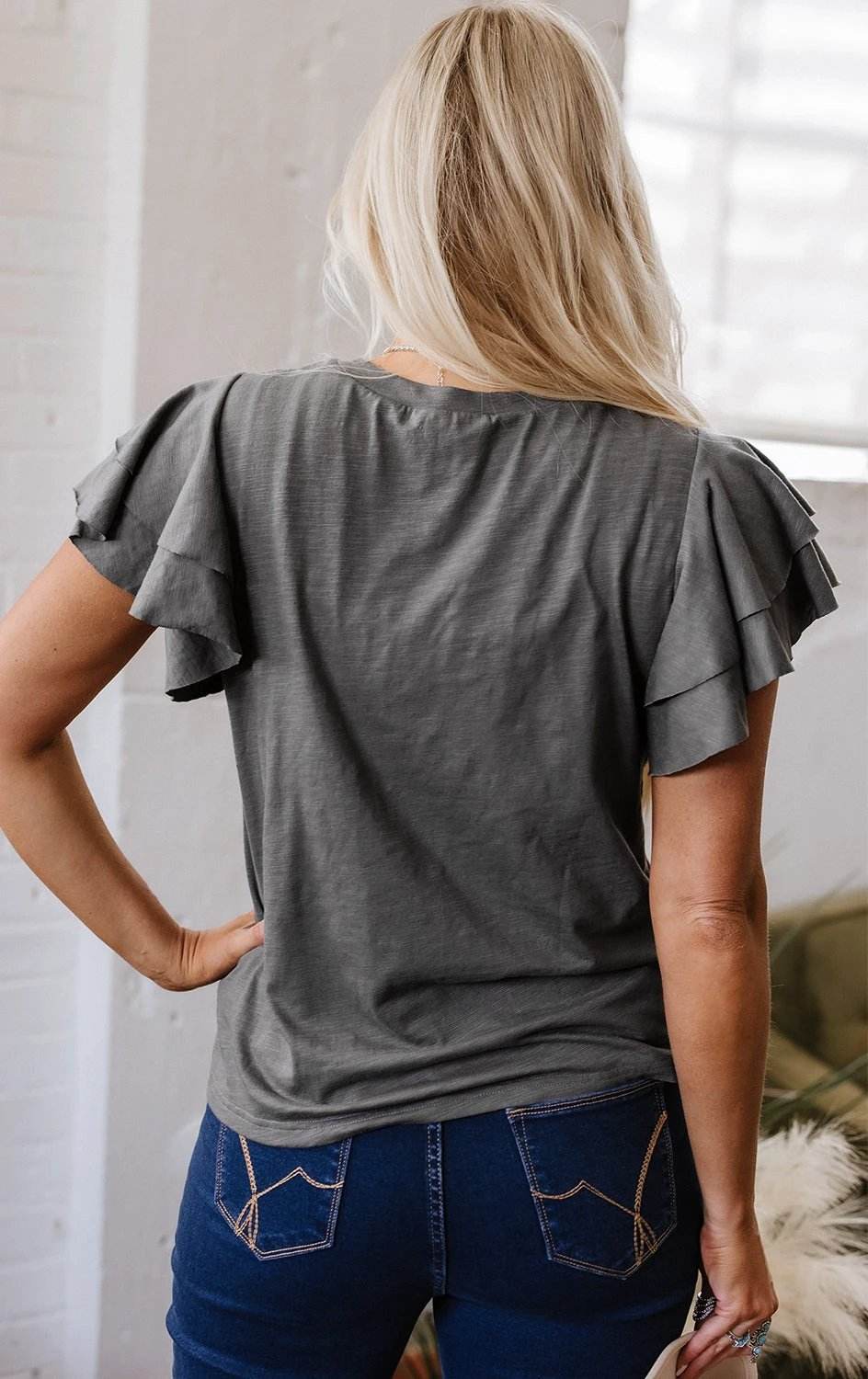 white layered ruffle short sleeve round neck top for women casual everyday outfit