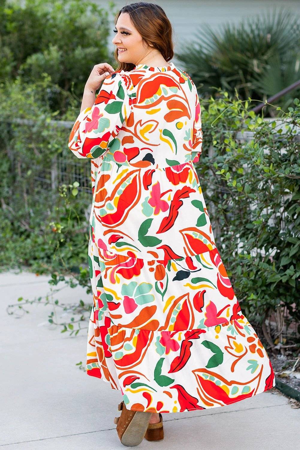 orange floral print drawstring v neck tiered plus size dress for women casual everyday outfit