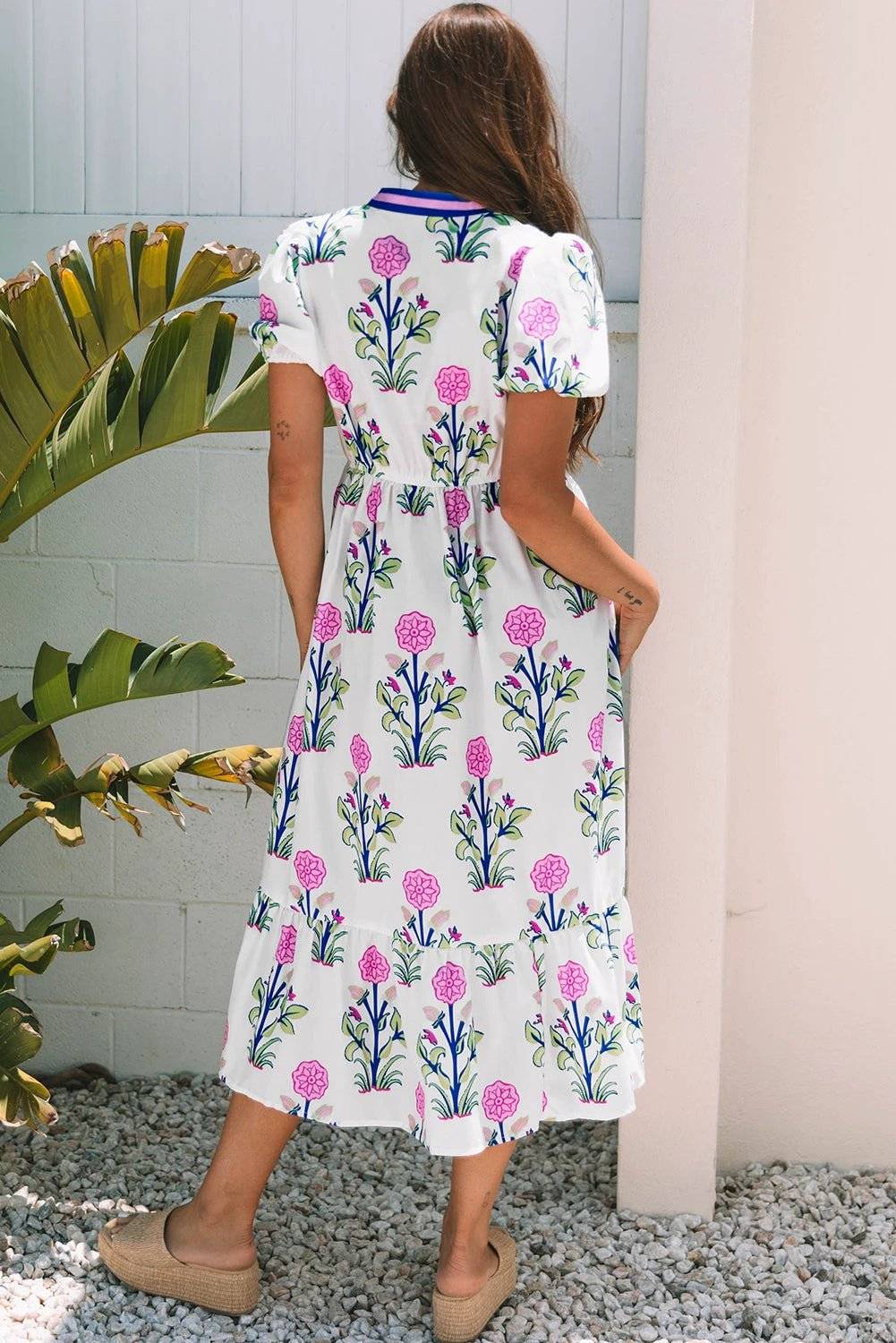 sky blue floral puff short sleeve v neck high waist maxi dress for women casual everyday outfit