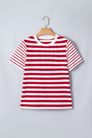 Woman wearing a Colorblock Stripe Tee with a round neck and short sleeves