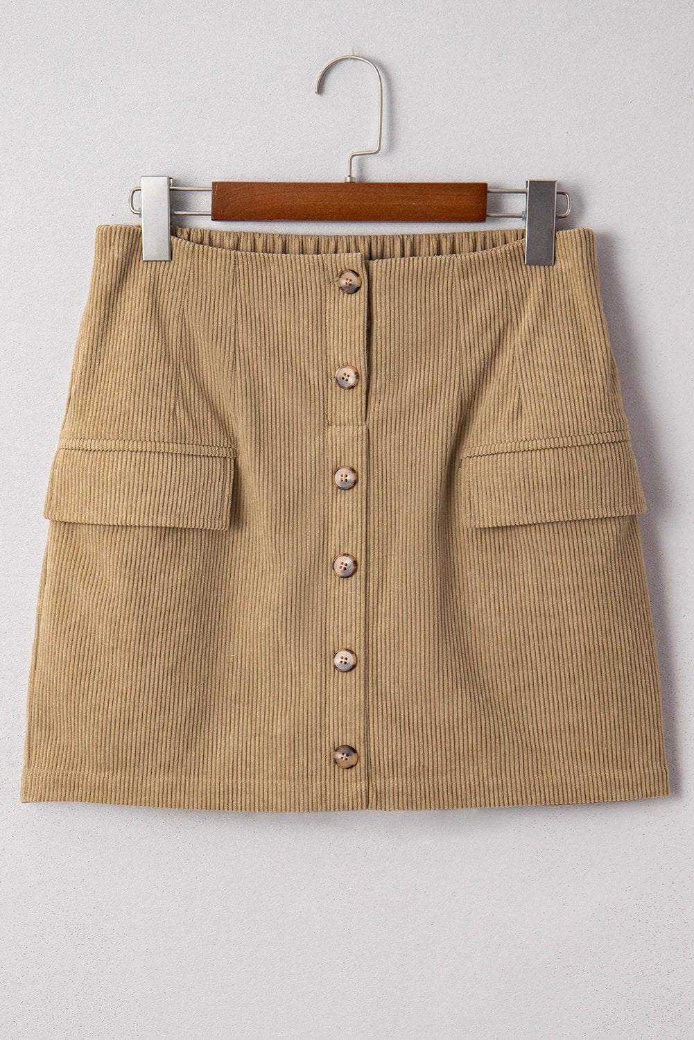 camel corduroy buttoned front faux pockets mini skirt for women casual everyday outfit