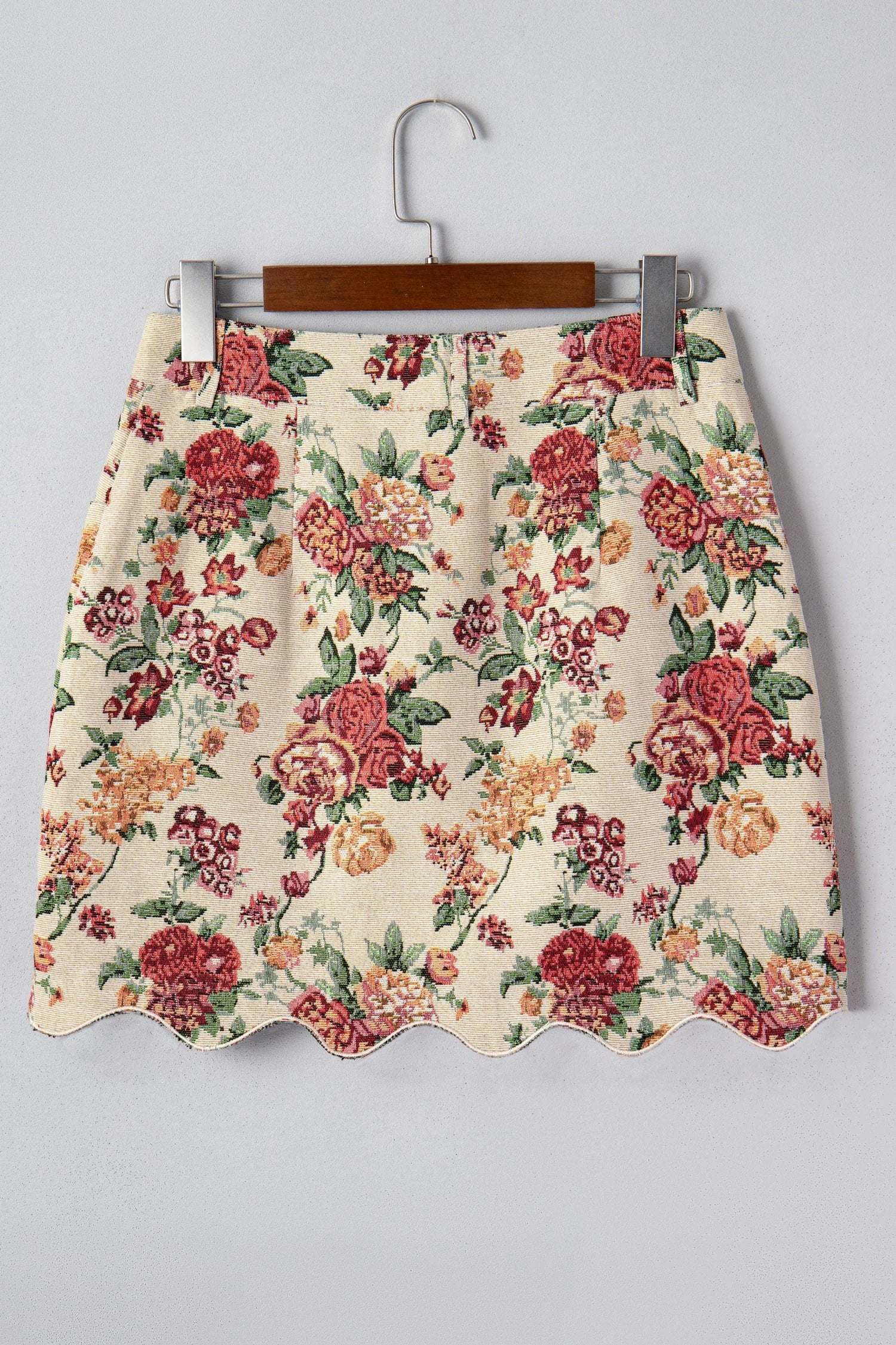 apricot buttoned front scalloped trim mini jacquard floral skirt for women casual everyday outfit