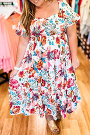 Plus size floral square-neck puff-sleeve midi dress Sunday Ready with vibrant print and flowy A-line skirt