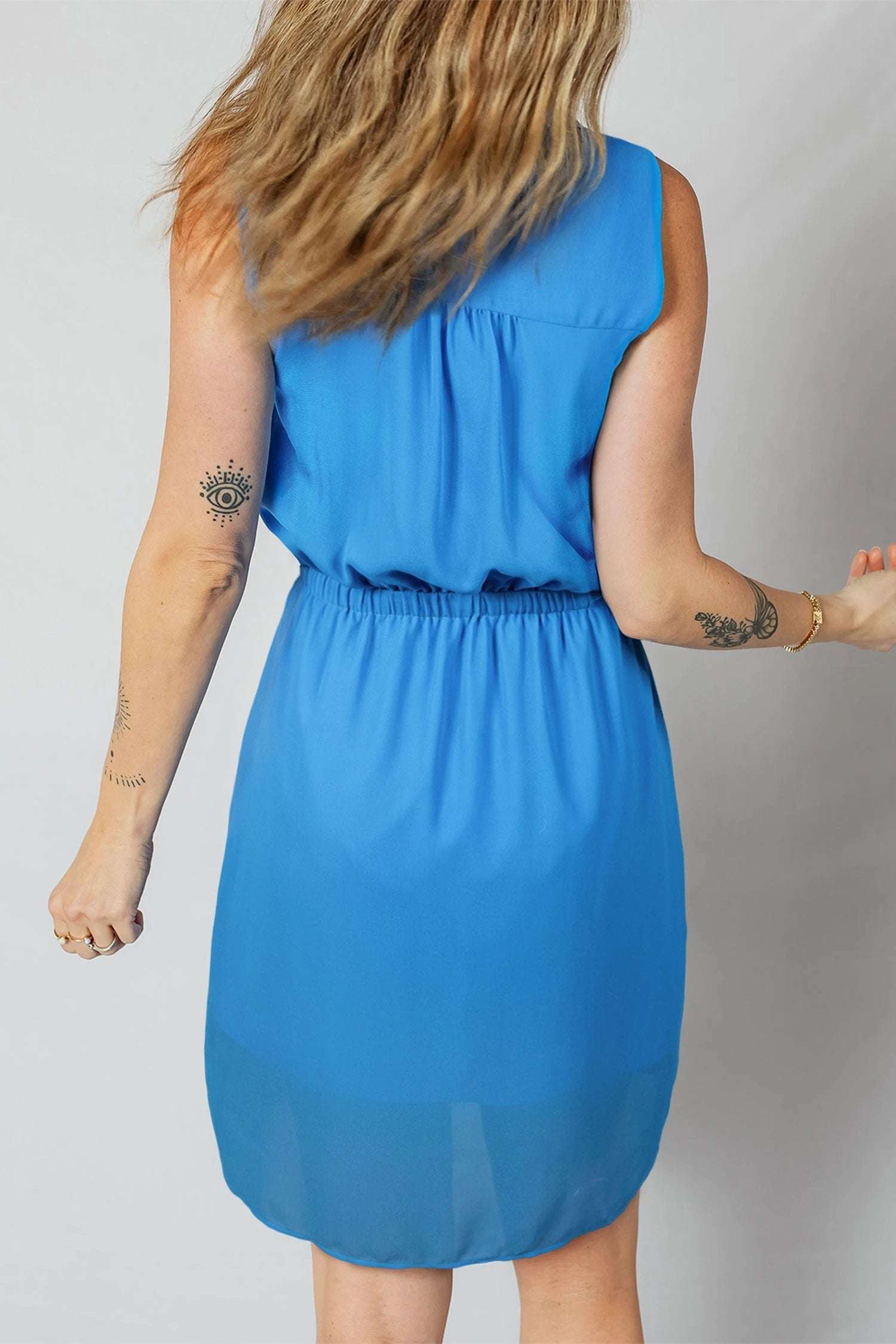 blue half buttons collared elastic waist sleeveless shirt dress for women casual everyday outfit