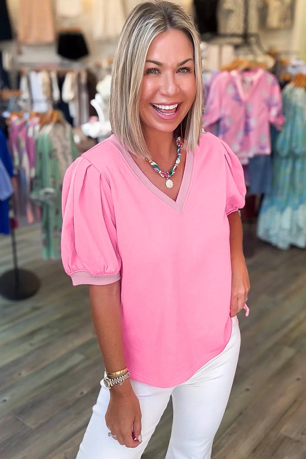 mint green solid color v neck short puff sleeve blouse for women casual everyday outfit