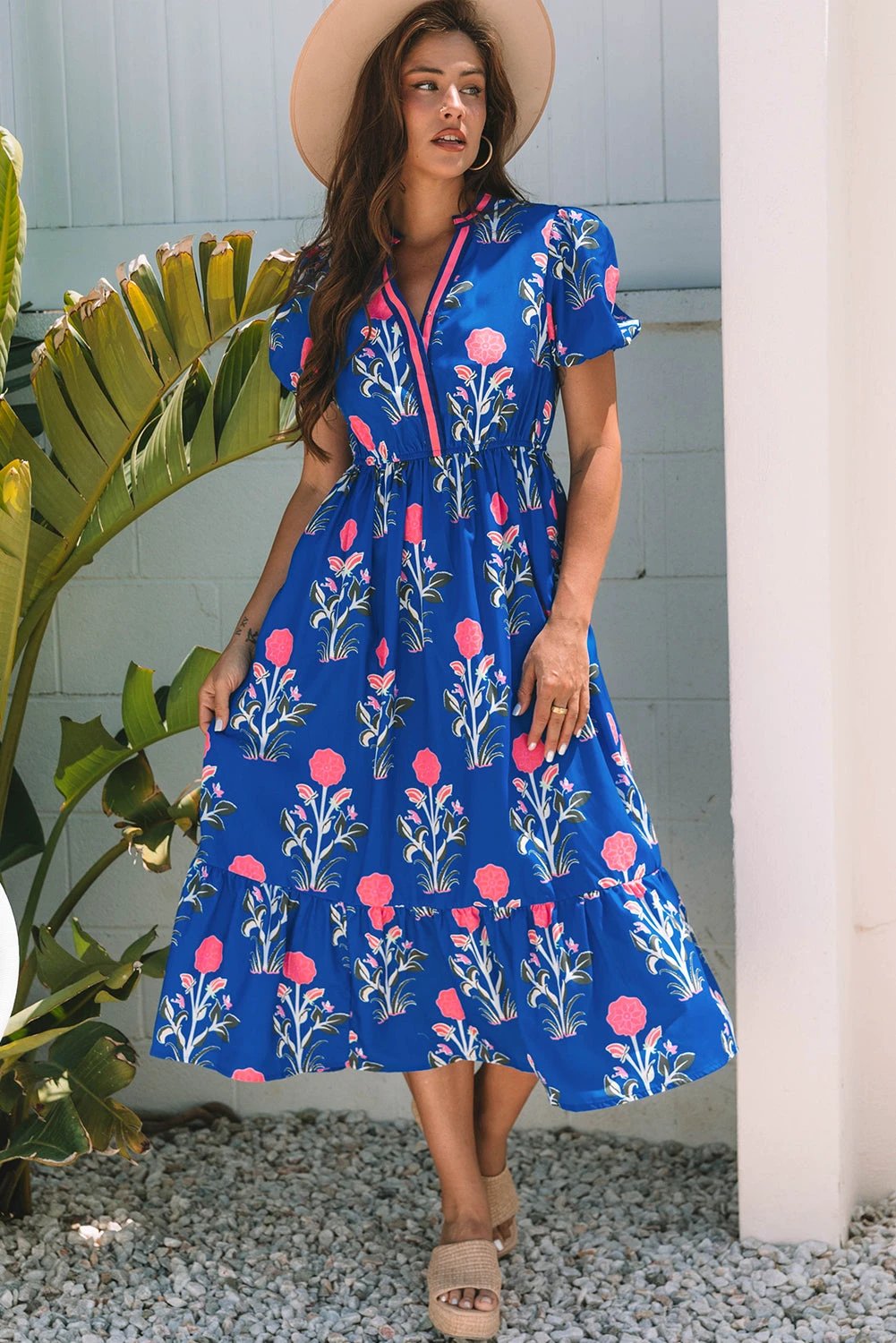 sky blue floral puff short sleeve v neck high waist maxi dress for women casual everyday outfit